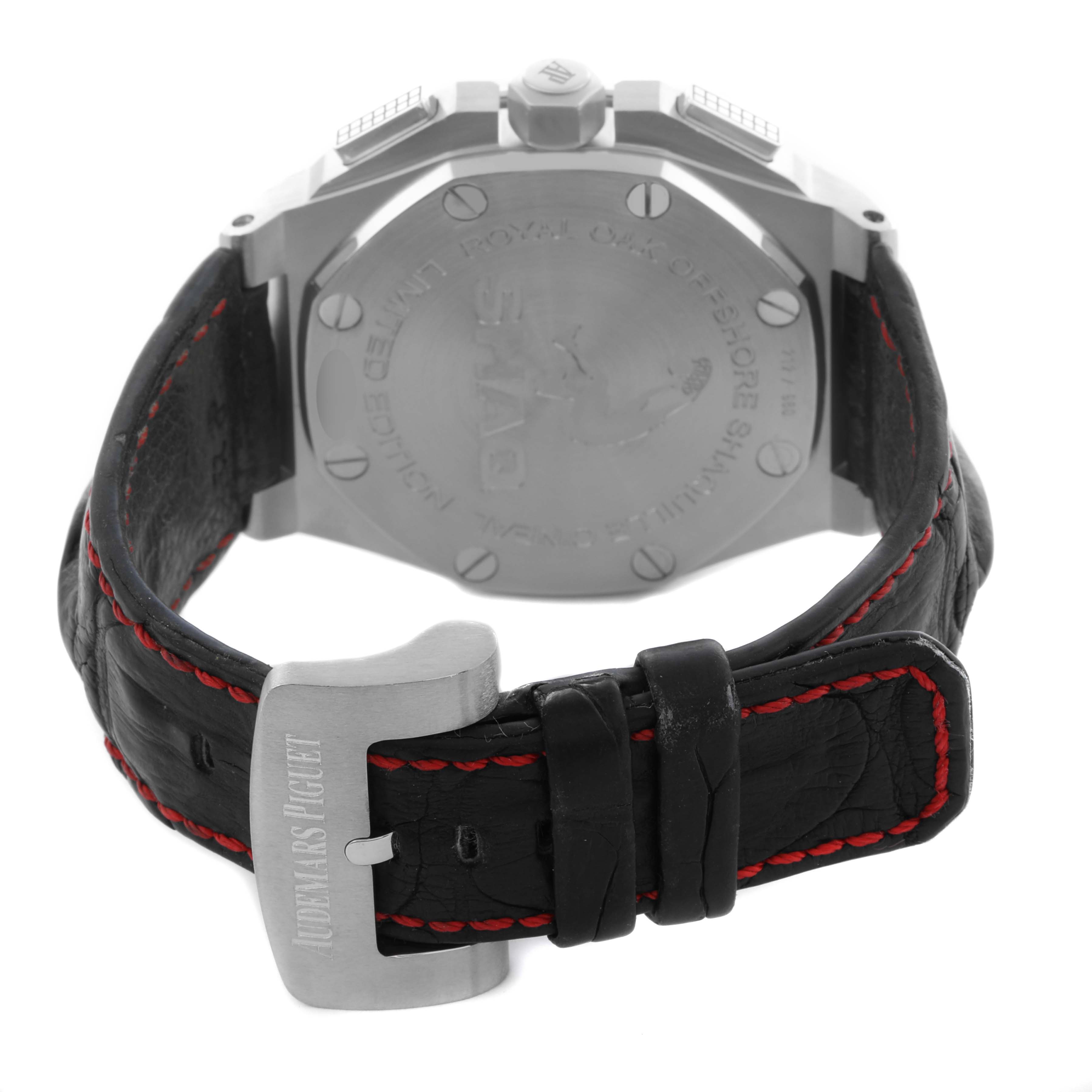 The image shows the back view of an Audemars Piguet Royal Oak Offshore 26133ST.OO.A101CR.01 Men
s Stainless Steel Black Dial 26133ST.OO.A101CR.01 Men
s Stainless Steel Black Dial, highlighting the caseback and leather strap with a buckle.