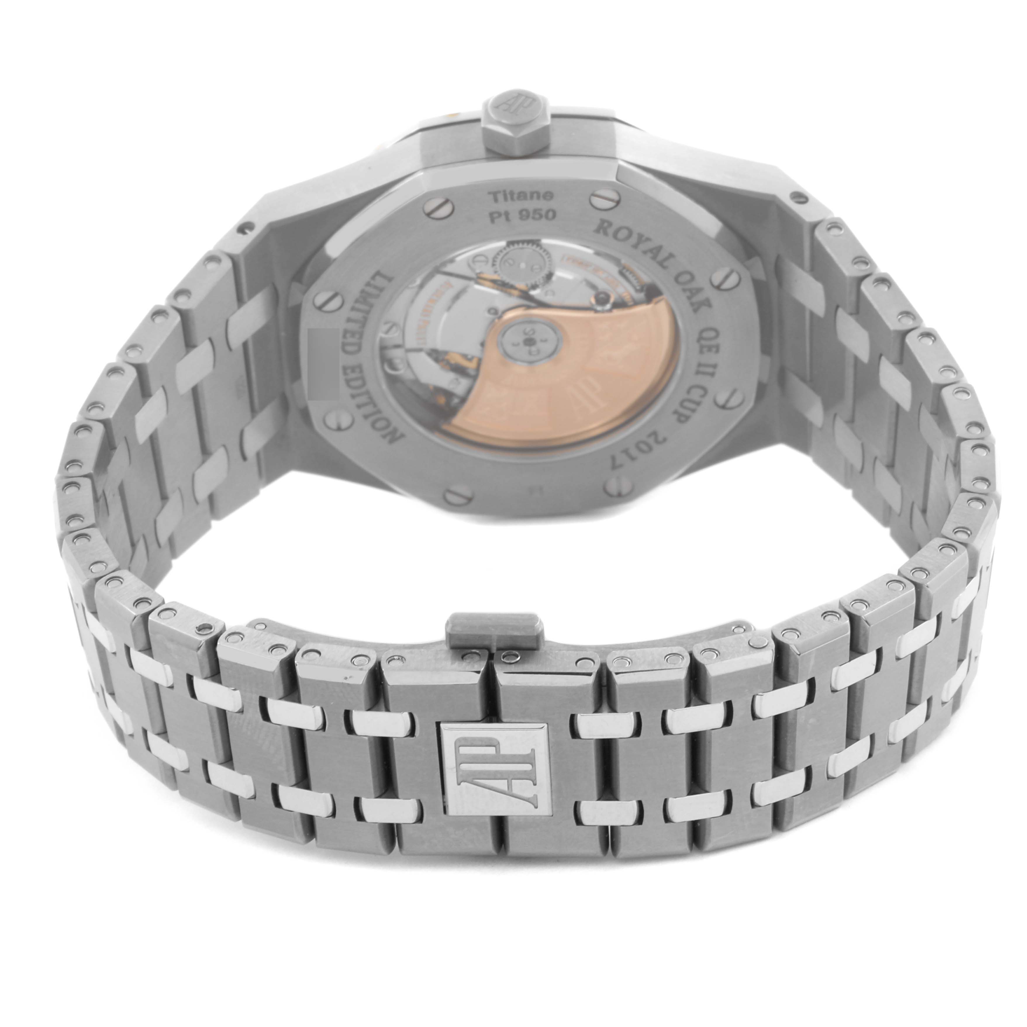 The image shows the back and bracelet of the Audemars Piguet Royal Oak 15403IP.OO.1220IP.01 Men's Platinum Silver Dial 15403IP.OO.1220IP.01 Men's Platinum Silver Dial, highlighting the clasp and exhibition case back.
