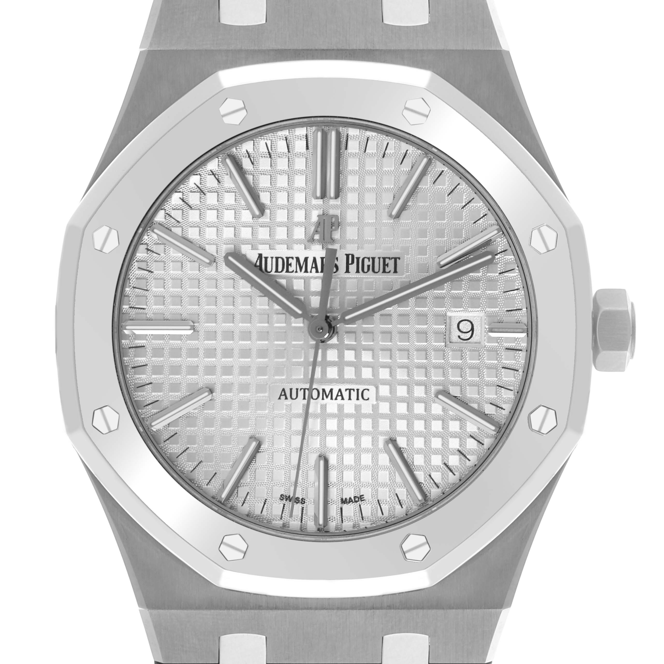 This image shows a front view of an Audemars Piguet Royal Oak 15403IP.OO.1220IP.01 Men's Platinum Silver Dial 15403IP.OO.1220IP.01 Men's Platinum Silver Dial watch, highlighting the dial, bezel, markers, and crown.