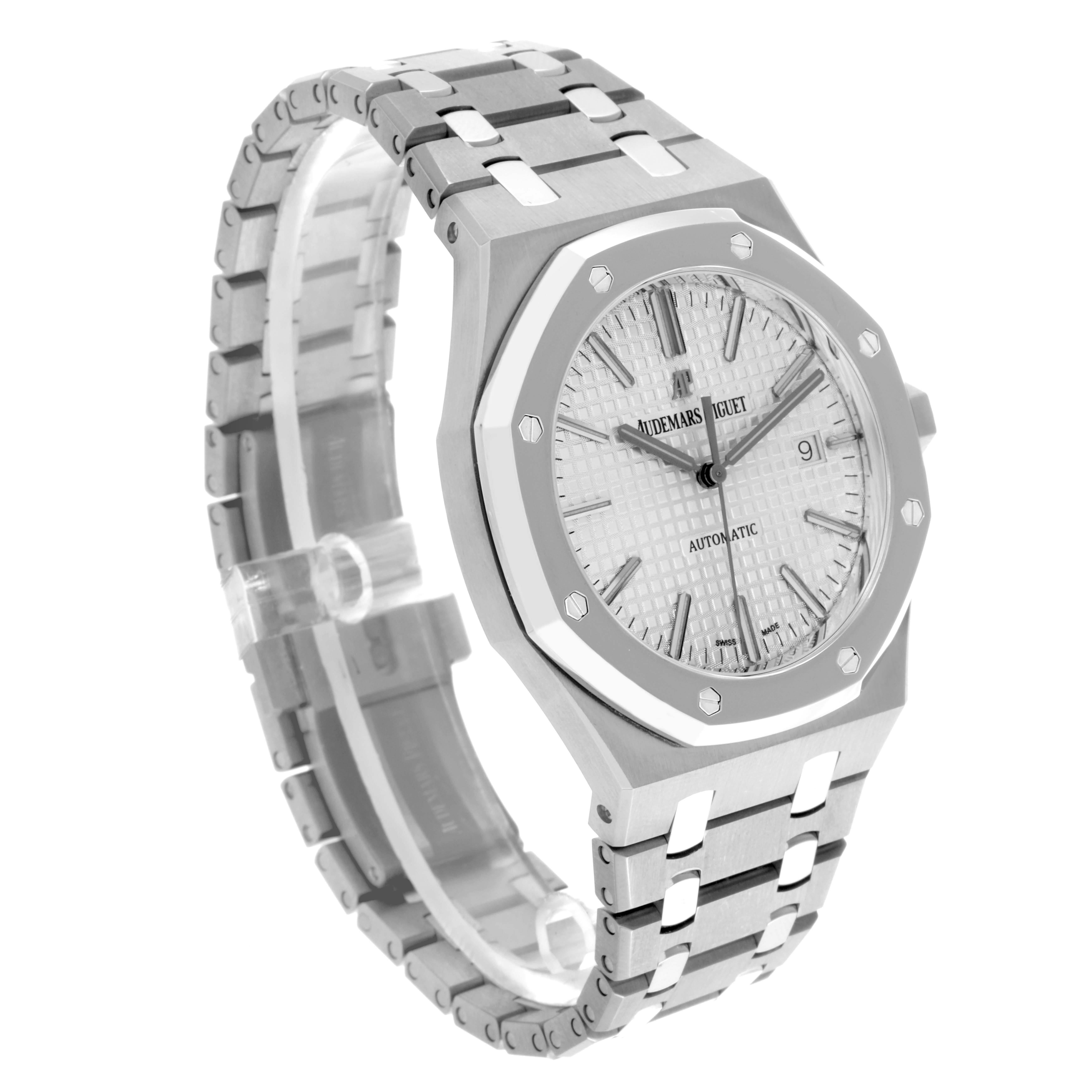 The Audemars Piguet Royal Oak 15403IP.OO.1220IP.01 Men's Platinum Silver Dial 15403IP.OO.1220IP.01 Men's Platinum Silver Dial watch is shown at a slight angle, highlighting the bracelet and octagonal bezel.