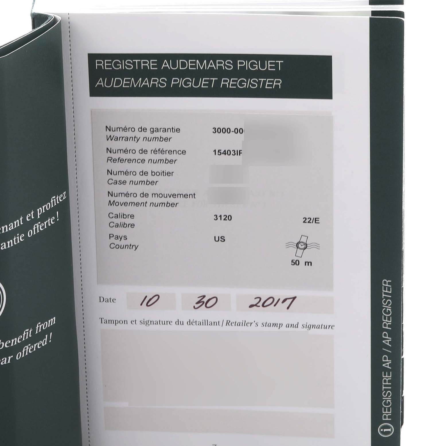 The image shows a warranty and registration booklet for an Audemars Piguet Royal Oak 15403IP.OO.1220IP.01 Men's Platinum Silver Dial 15403IP.OO.1220IP.01 Men's Platinum Silver Dial watch with relevant details and a date.