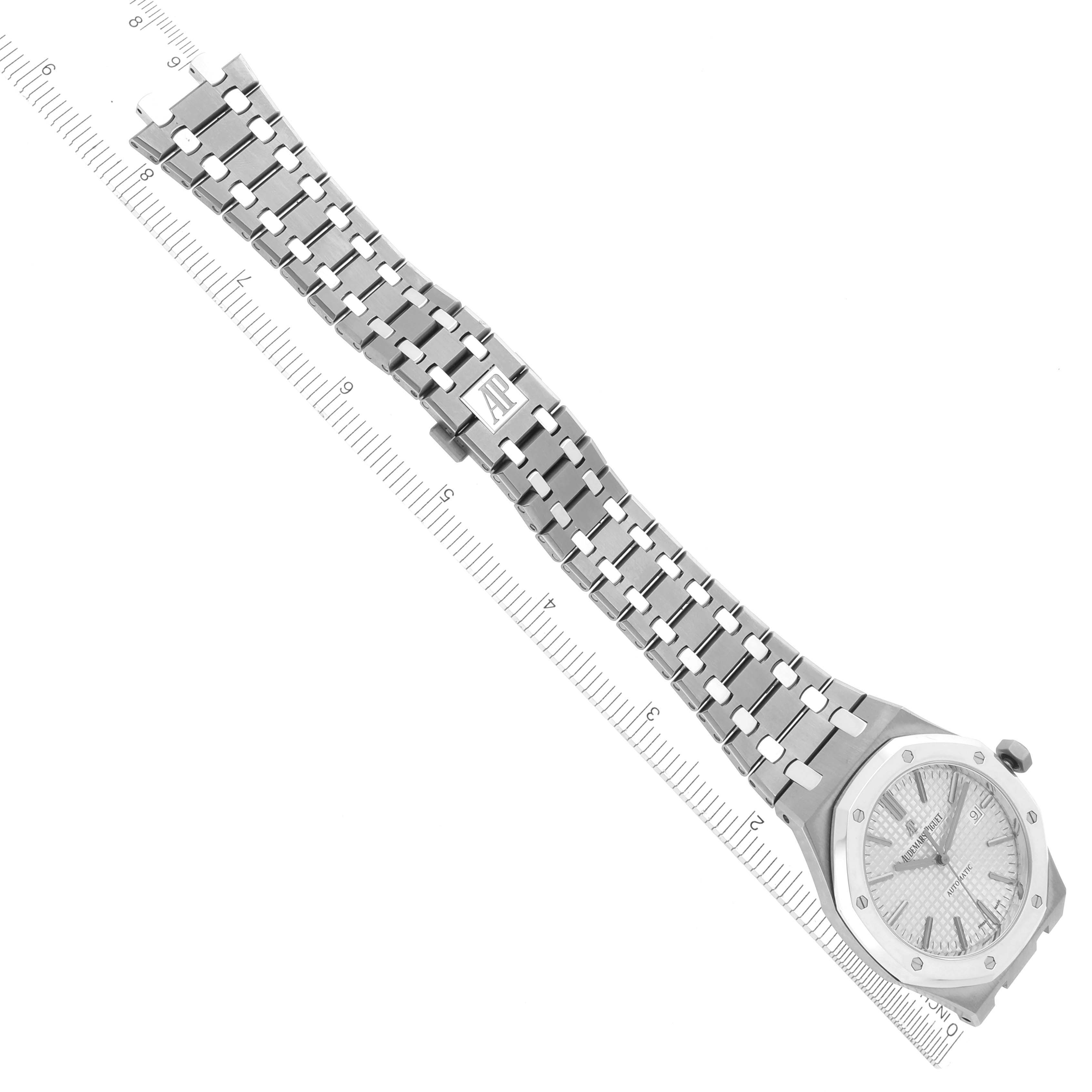 The Audemars Piguet Royal Oak 15403IP.OO.1220IP.01 Men's Platinum Silver Dial 15403IP.OO.1220IP.01 Men's Platinum Silver Dial watch is shown at a top-down angle, highlighting its bracelet and face.