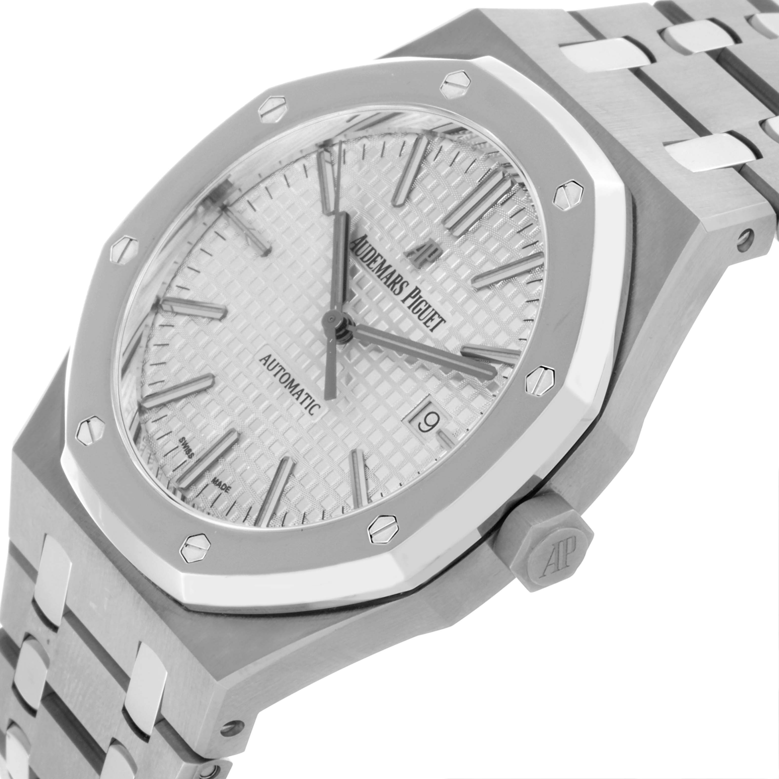 The Audemars Piguet Royal Oak 15403IP.OO.1220IP.01 Men's Platinum Silver Dial 15403IP.OO.1220IP.01 Men's Platinum Silver Dial watch is shown at a three-quarter angle, highlighting the face, bezel, crown, and bracelet.