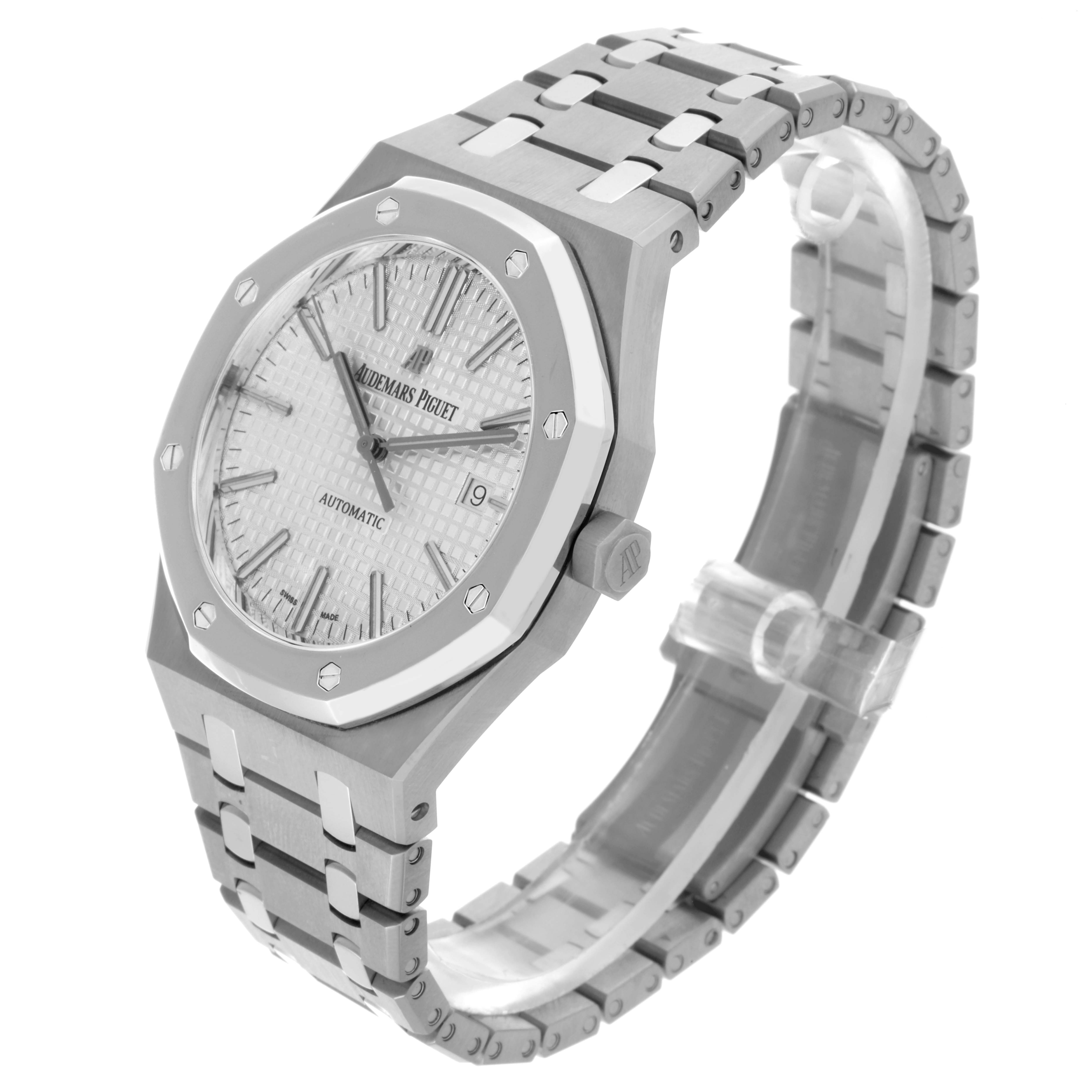 The image shows the Audemars Piguet Royal Oak 15403IP.OO.1220IP.01 Men's Platinum Silver Dial 15403IP.OO.1220IP.01 Men's Platinum Silver Dial watch from a three-quarter angle, highlighting the case, bracelet, and dial.