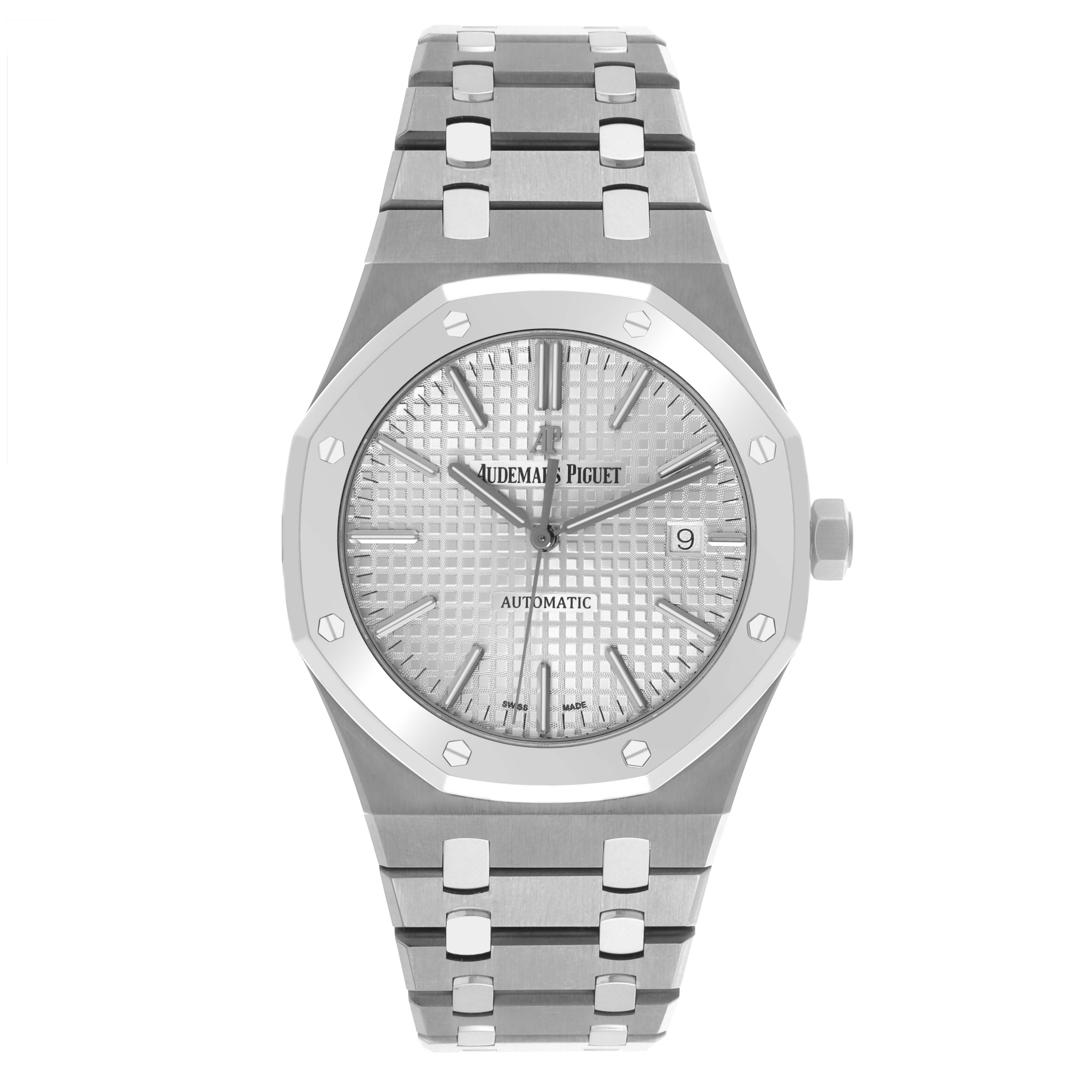 The Audemars Piguet Royal Oak 15403IP.OO.1220IP.01 Men's Platinum Silver Dial 15403IP.OO.1220IP.01 Men's Platinum Silver Dial watch is shown from a front angle, displaying the dial, crown, and bracelet.