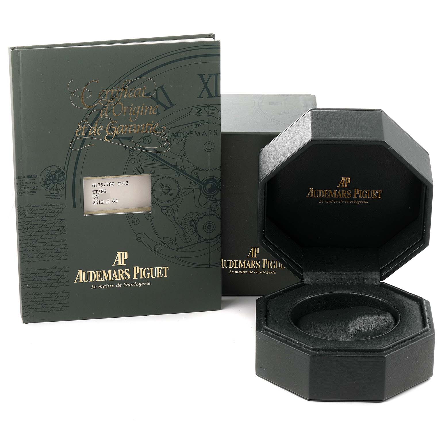 The image shows the Audemars Piguet Royal Oak 56175TR-OO-0789TR-01 Men
s Titanium Black Dial 56175TR-OO-0789TR-01 Men
s Titanium Black Dial watch box and warranty booklet from a frontal angle.