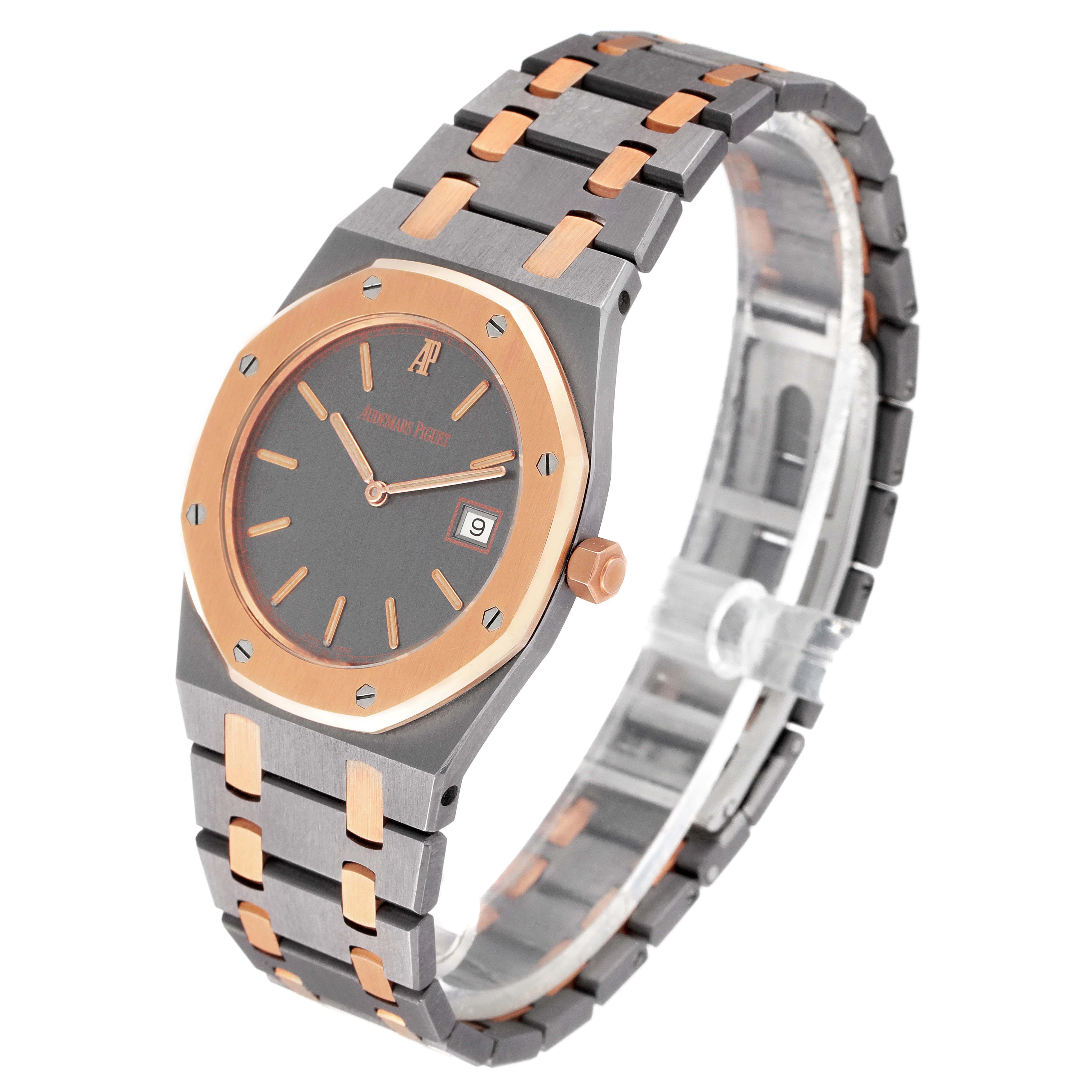 The image shows a Royal Oak model by Audemars Piguet at a three-quarter angle, displaying the watch face and bracelet.