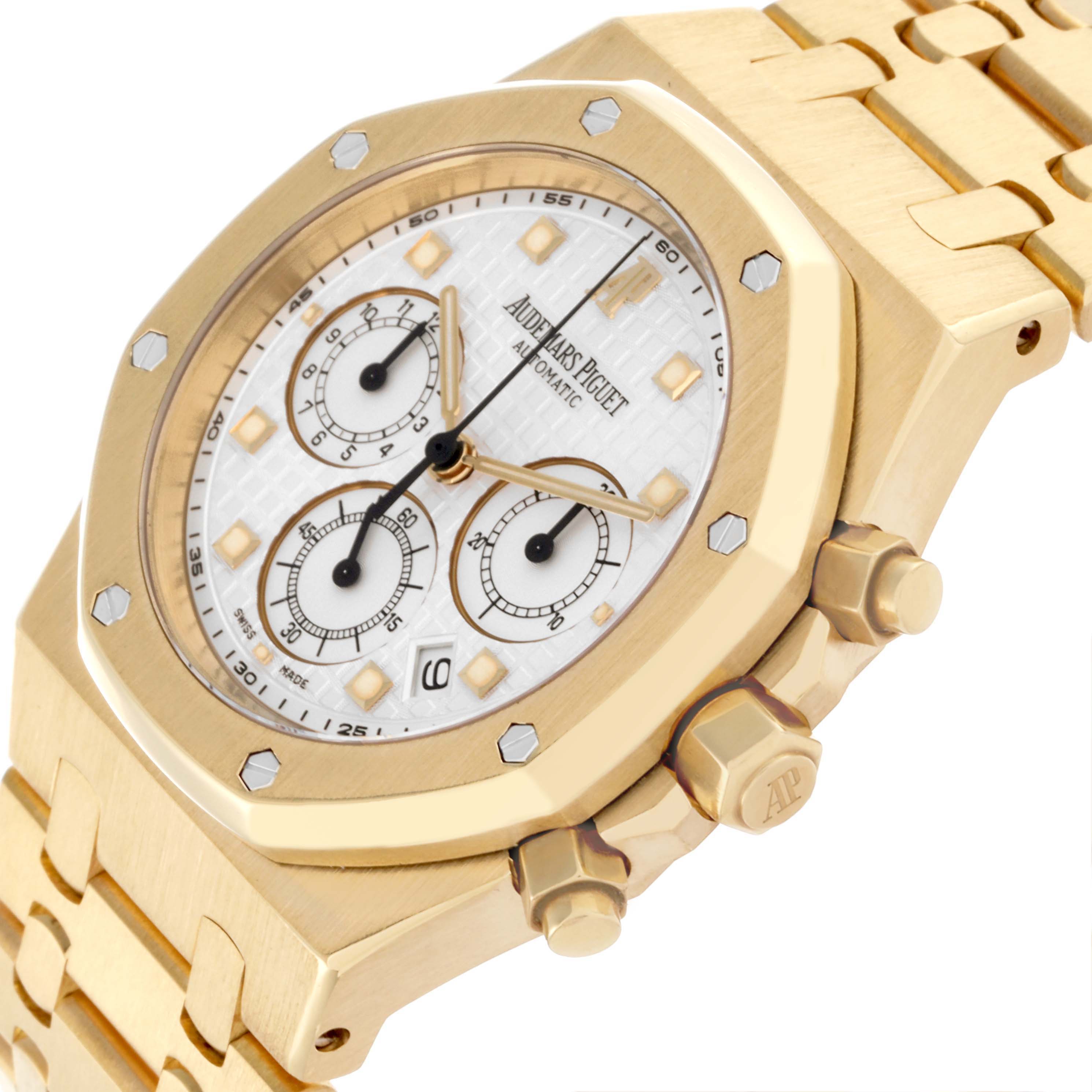 The Audemars Piguet Royal Oak 25960BA.OO.1185BA.01 Men's Yellow Gold White Dial 25960BA.OO.1185BA.01 Men's Yellow Gold White Dial watch is shown at an oblique angle highlighting the octagonal bezel, dial, chronograph subdials, and crown.