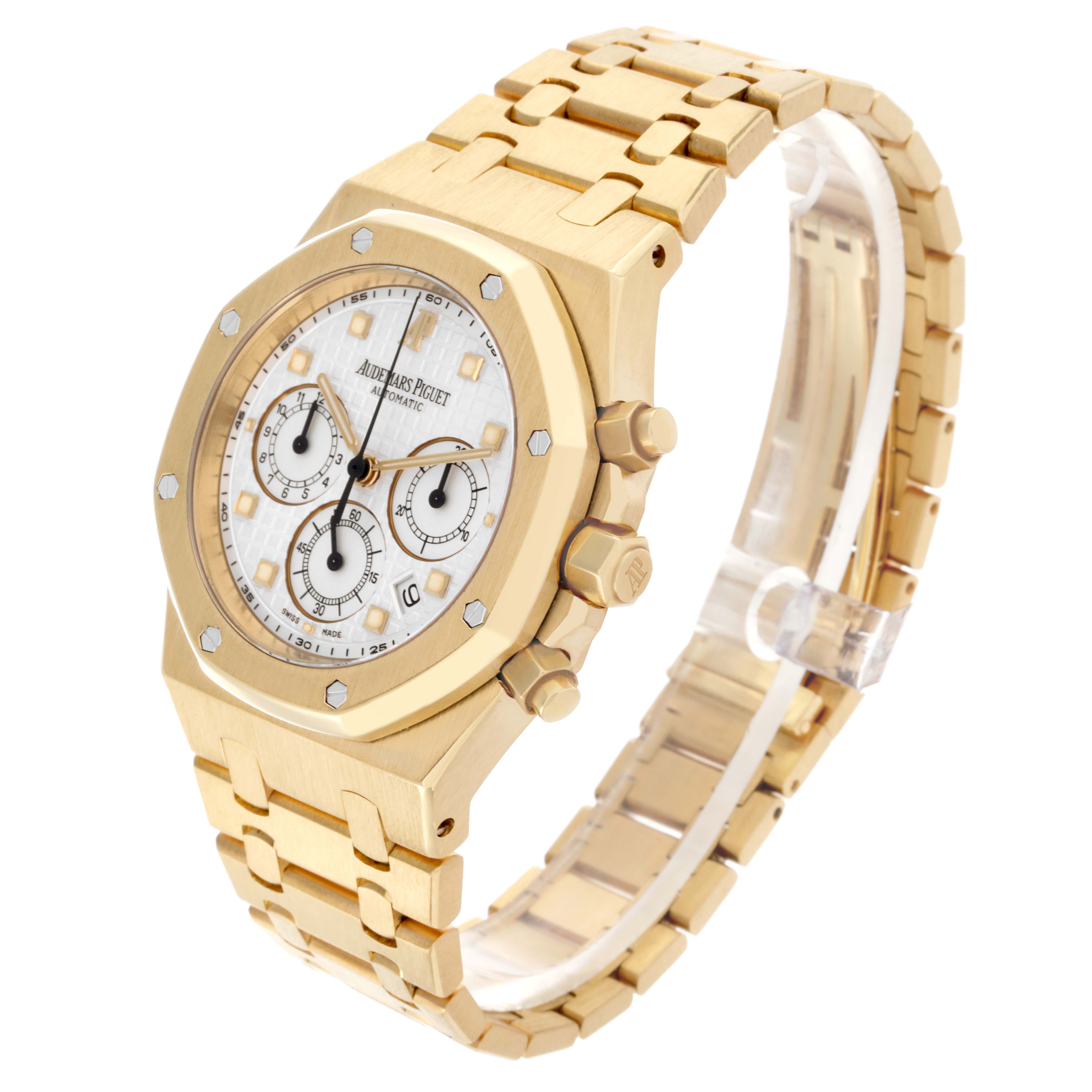 The Audemars Piguet Royal Oak 25960BA.OO.1185BA.01 Men's Yellow Gold White Dial 25960BA.OO.1185BA.01 Men's Yellow Gold White Dial watch is shown at a three-quarter angle, displaying the face, bezel, and bracelet.