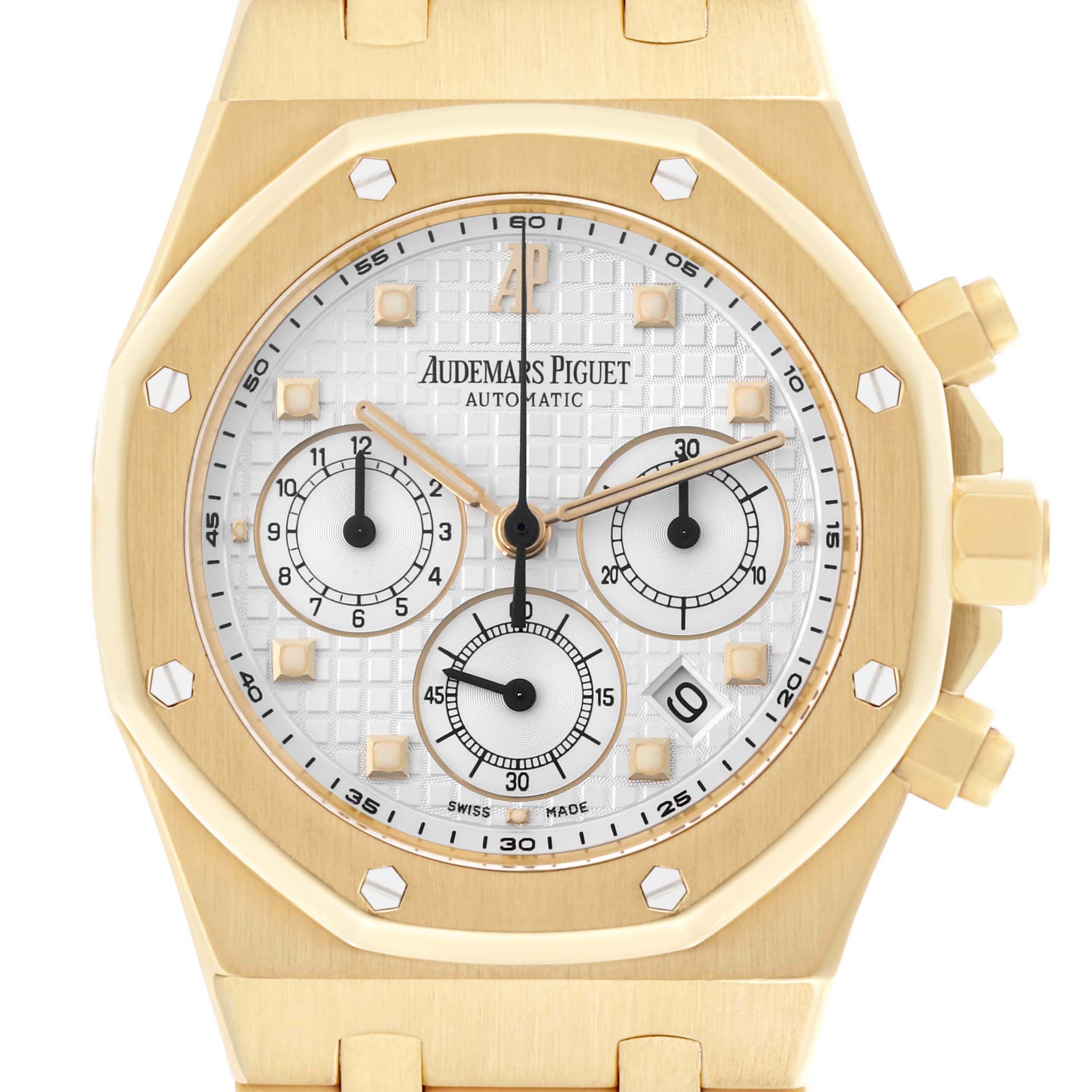 The image shows a front view of an Audemars Piguet Royal Oak 25960BA.OO.1185BA.01 Men's Yellow Gold White Dial 25960BA.OO.1185BA.01 Men's Yellow Gold White Dial watch, highlighting its octagonal bezel, dial, and subdials.