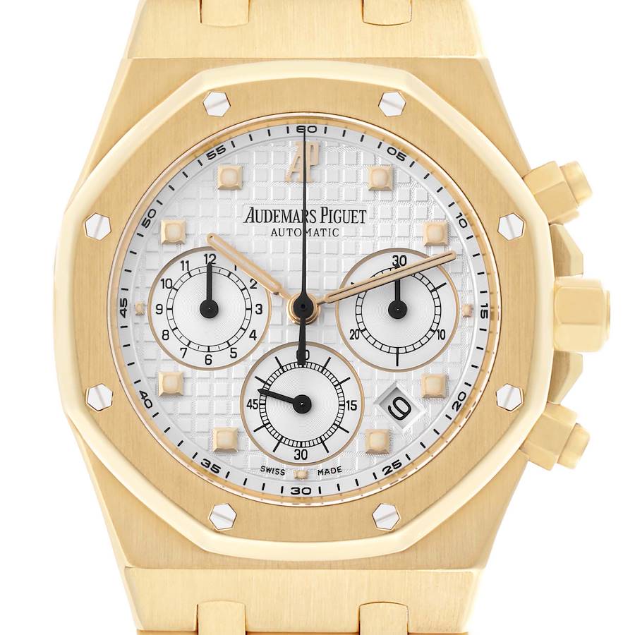 The image shows a front view of an Audemars Piguet Royal Oak watch, highlighting its octagonal bezel, dial, and subdials.