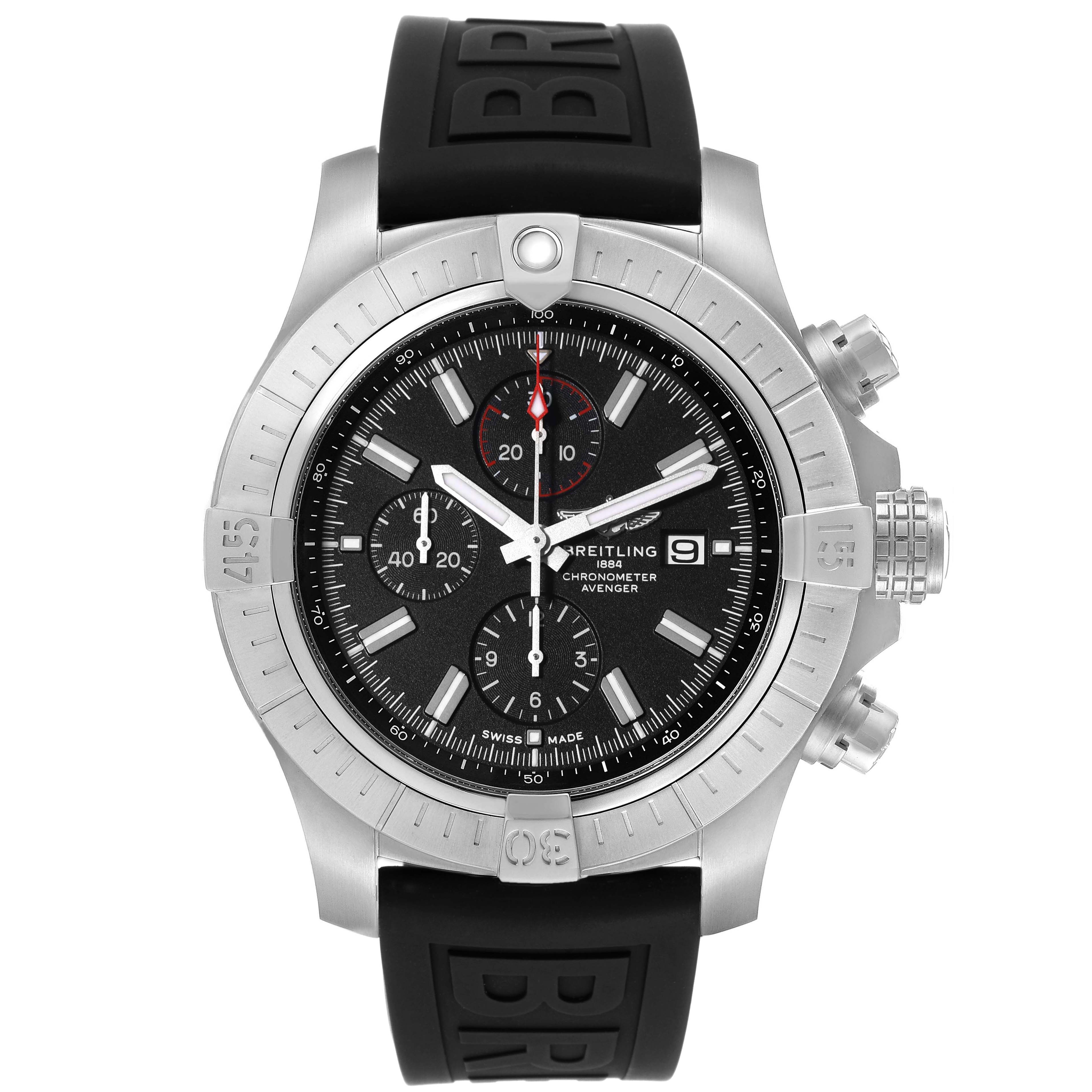 The image shows a front view of the Breitling Avenger A13375 Men's Stainless Steel Black Dial A13375 Men's Stainless Steel Black Dial watch, highlighting its face, bezel, and black strap.