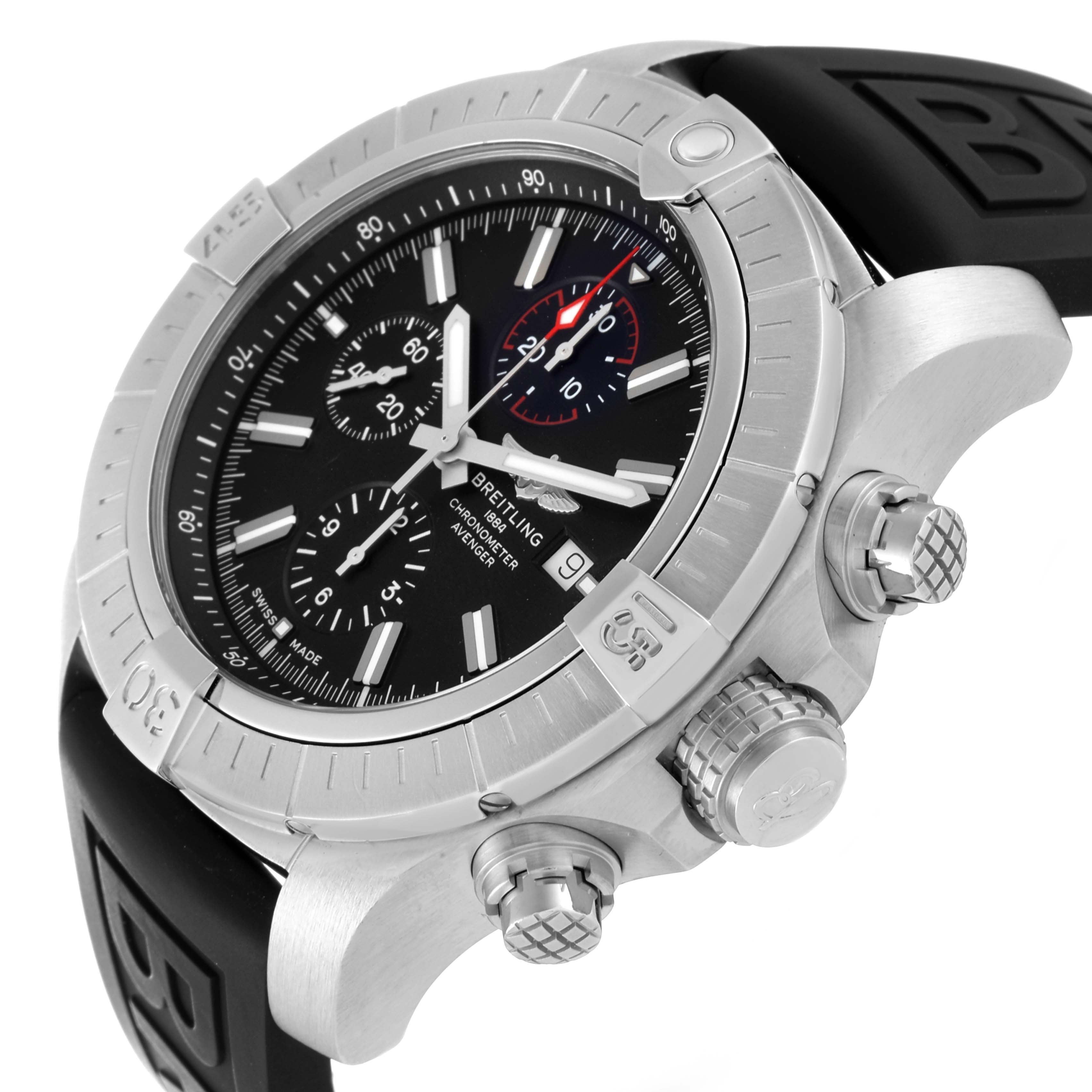 This image shows a side view of a Breitling Avenger A13375 Men's Stainless Steel Black Dial A13375 Men's Stainless Steel Black Dial watch highlighting the bezel, crown, subdials, and part of the strap.