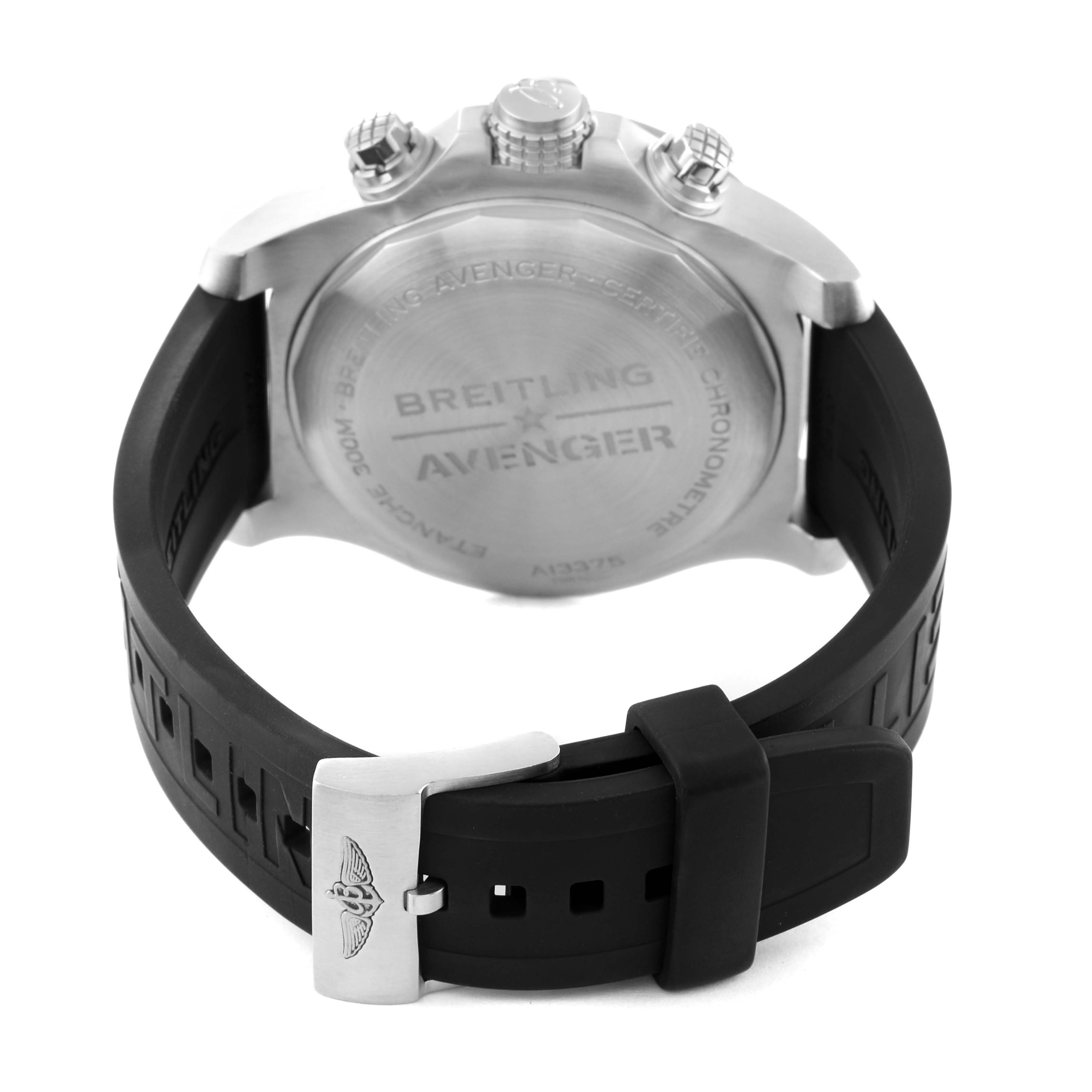 The image shows the back case, crown, and strap of the Breitling Avenger A13375 Men's Stainless Steel Black Dial A13375 Men's Stainless Steel Black Dial watch from a rear angle.