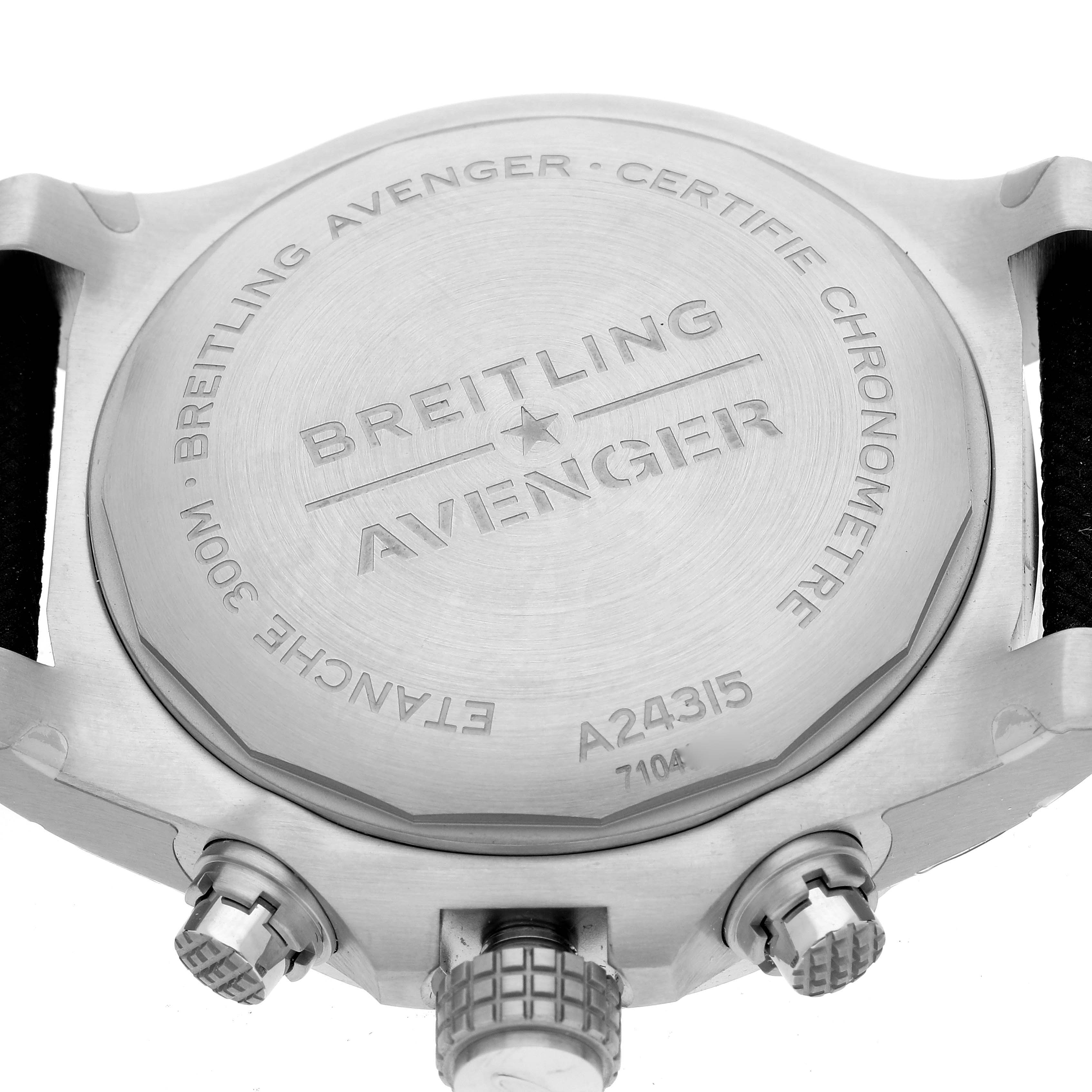 This image shows the back case of a Breitling Avenger A24315101C1X2 Men's Stainless Steel Blue Dial A24315101C1X2 Men's Stainless Steel Blue Dial watch, highlighting the engraved branding and model details.