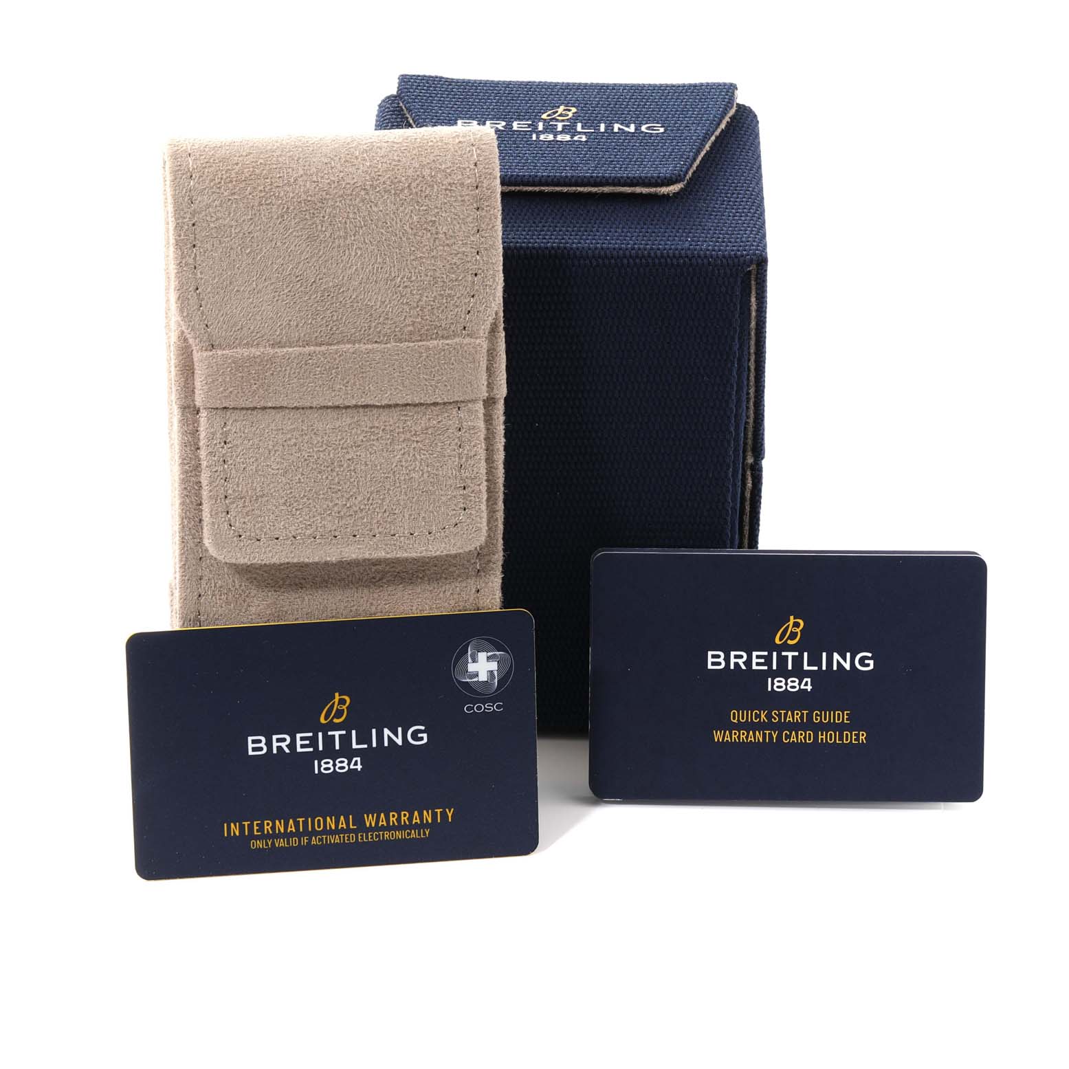 The image shows Breitling Avenger A24315101C1X2 Men's Stainless Steel Blue Dial A24315101C1X2 Men's Stainless Steel Blue Dial watch accessories, including a navy box, beige pouch, and warranty cards.