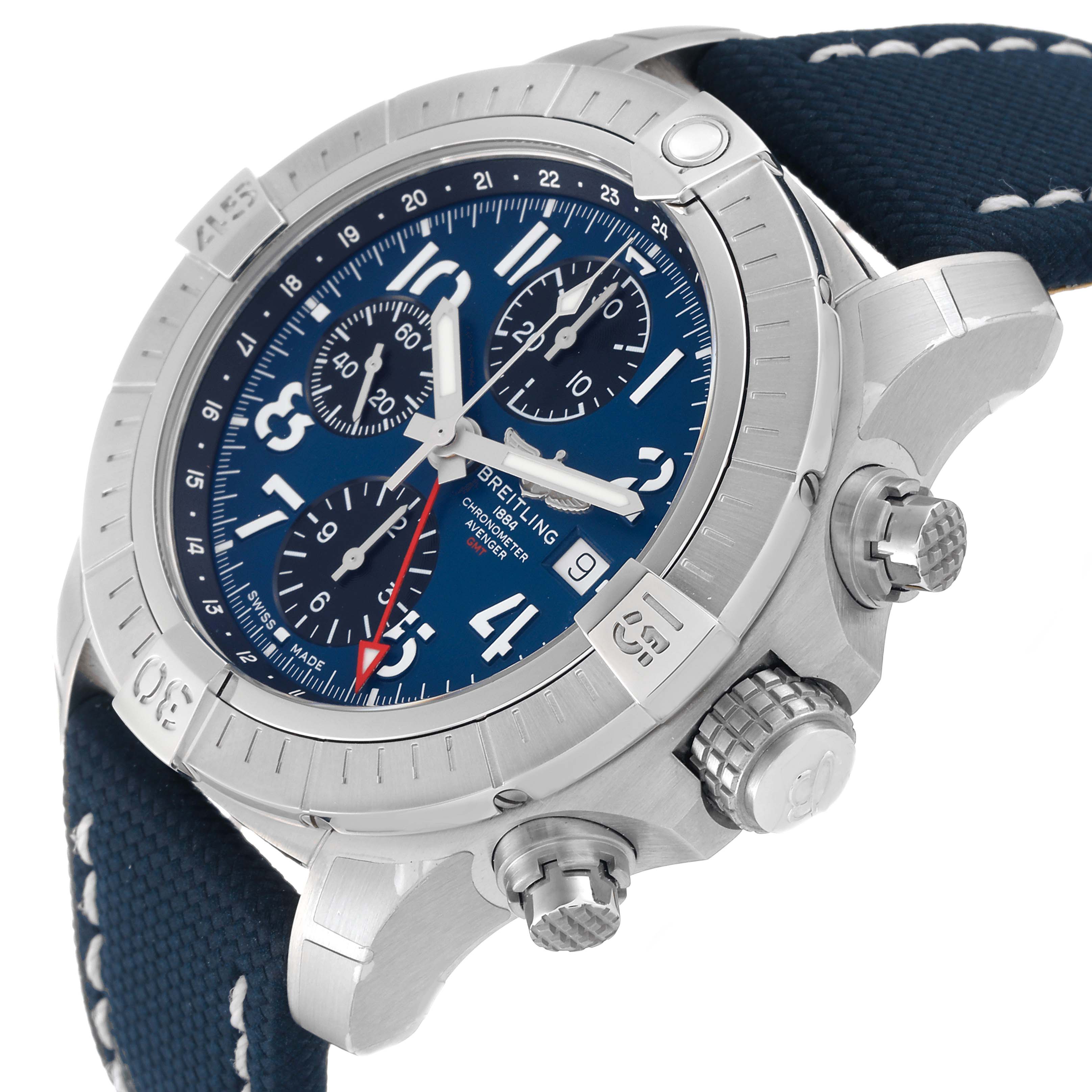 The image shows a Breitling Avenger A24315101C1X2 Men's Stainless Steel Blue Dial A24315101C1X2 Men's Stainless Steel Blue Dial watch at an angled side view, highlighting its blue dial, crown, pushers, and stitched strap.