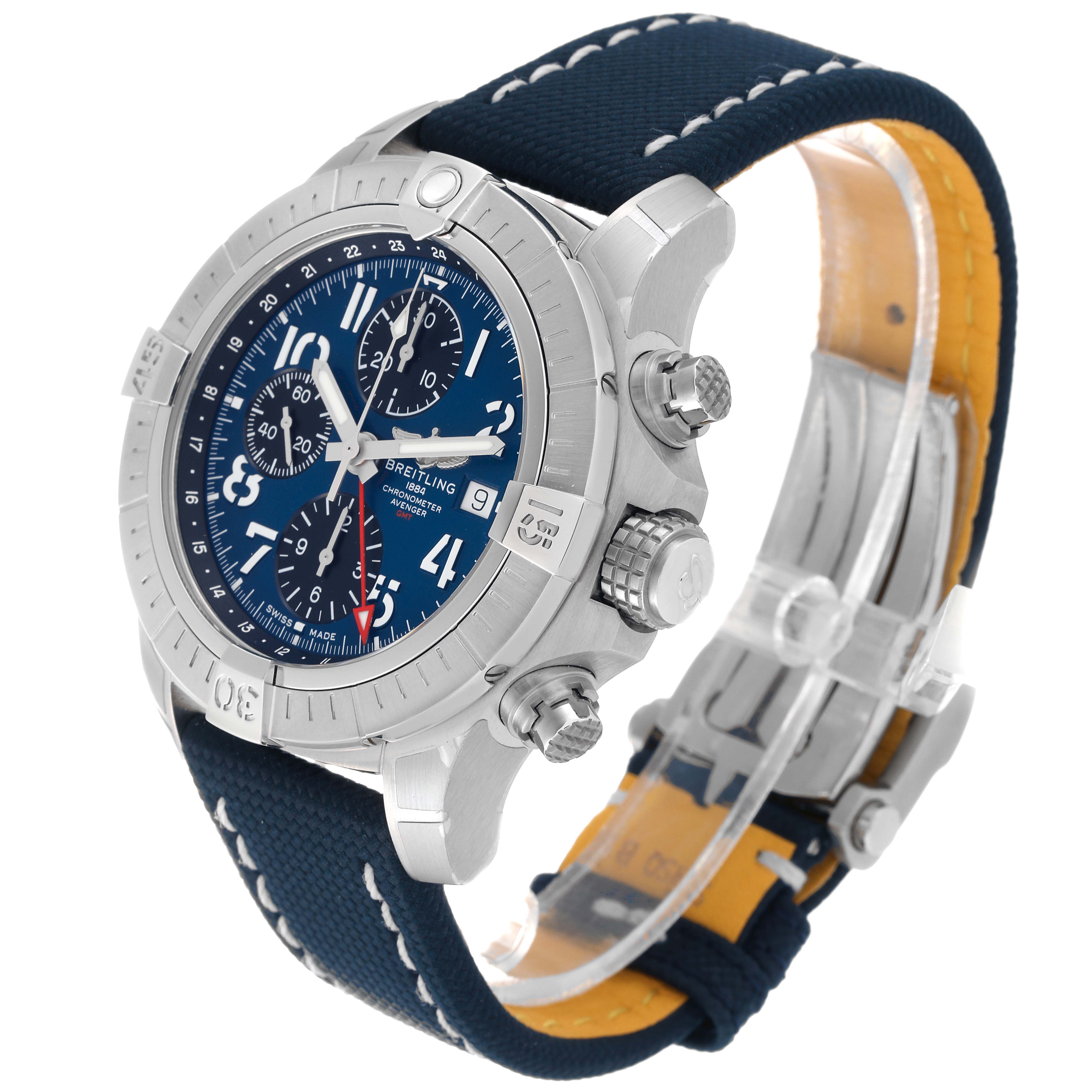 The Breitling Avenger A24315101C1X2 Men's Stainless Steel Blue Dial A24315101C1X2 Men's Stainless Steel Blue Dial watch is shown from a three-quarter angle, highlighting the face, bezel, pushers, and strap.
