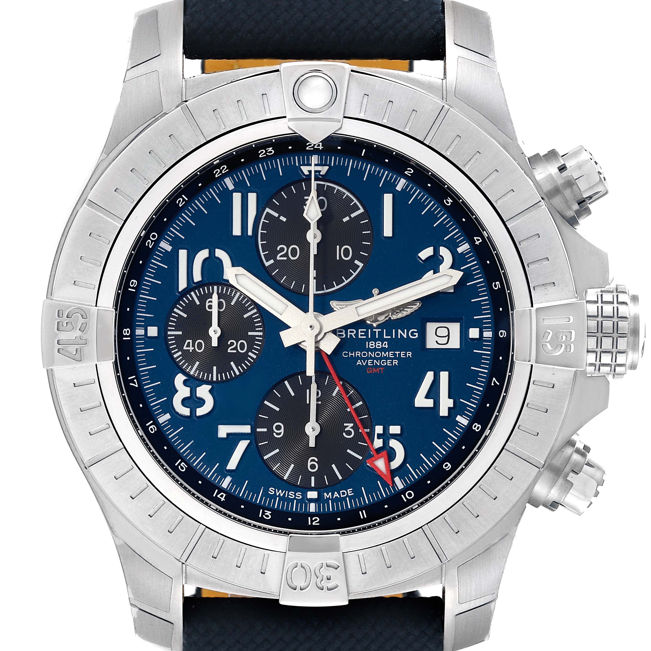 The image shows a front view of the Breitling Avenger A24315101C1X2 Men's Stainless Steel Blue Dial A24315101C1X2 Men's Stainless Steel Blue Dial watch, highlighting its blue dial, three subdials, and date display.