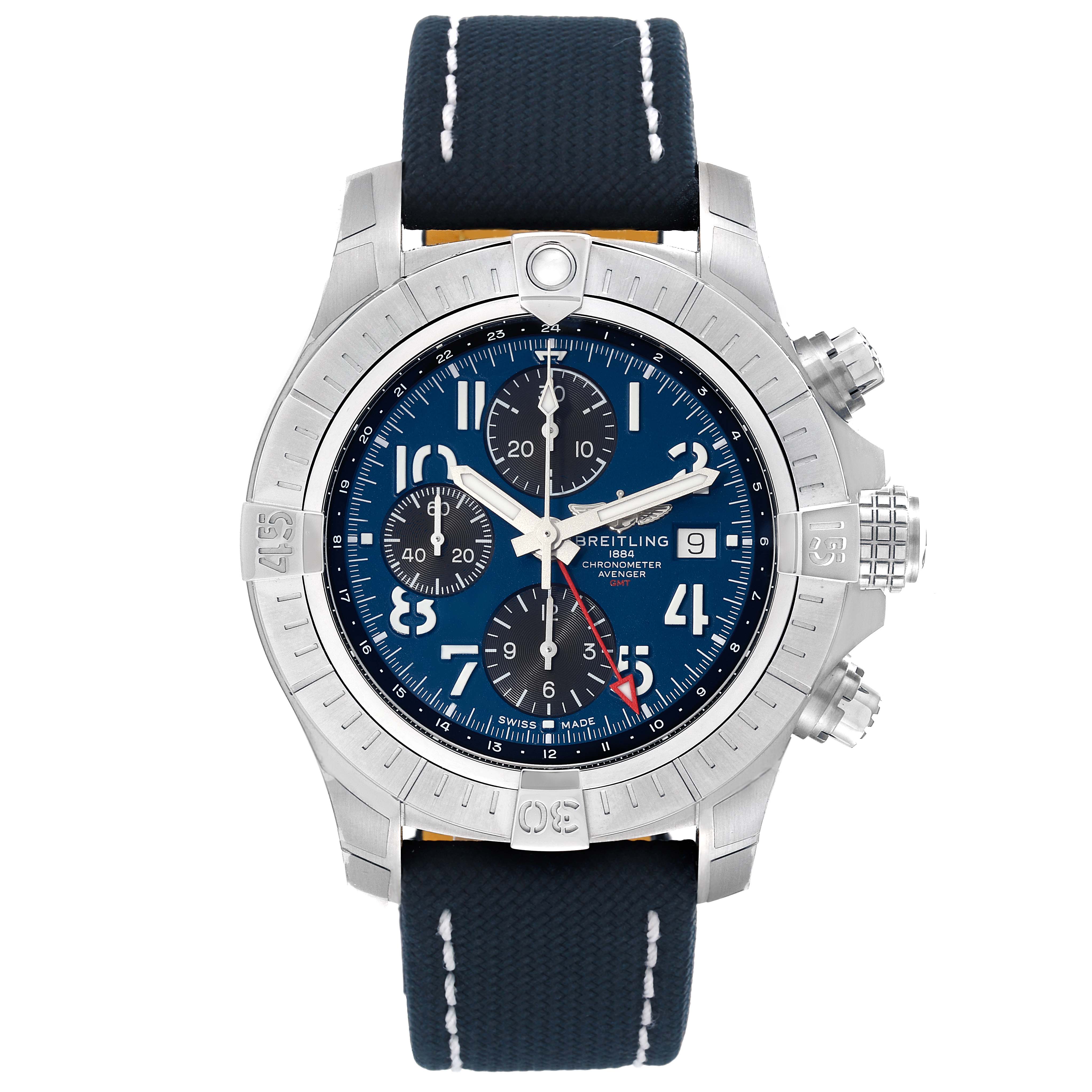 The image shows a front view of the Breitling Avenger A24315101C1X2 Men's Stainless Steel Blue Dial A24315101C1X2 Men's Stainless Steel Blue Dial watch, displaying its blue dial, bezel, subdials, and strap.
