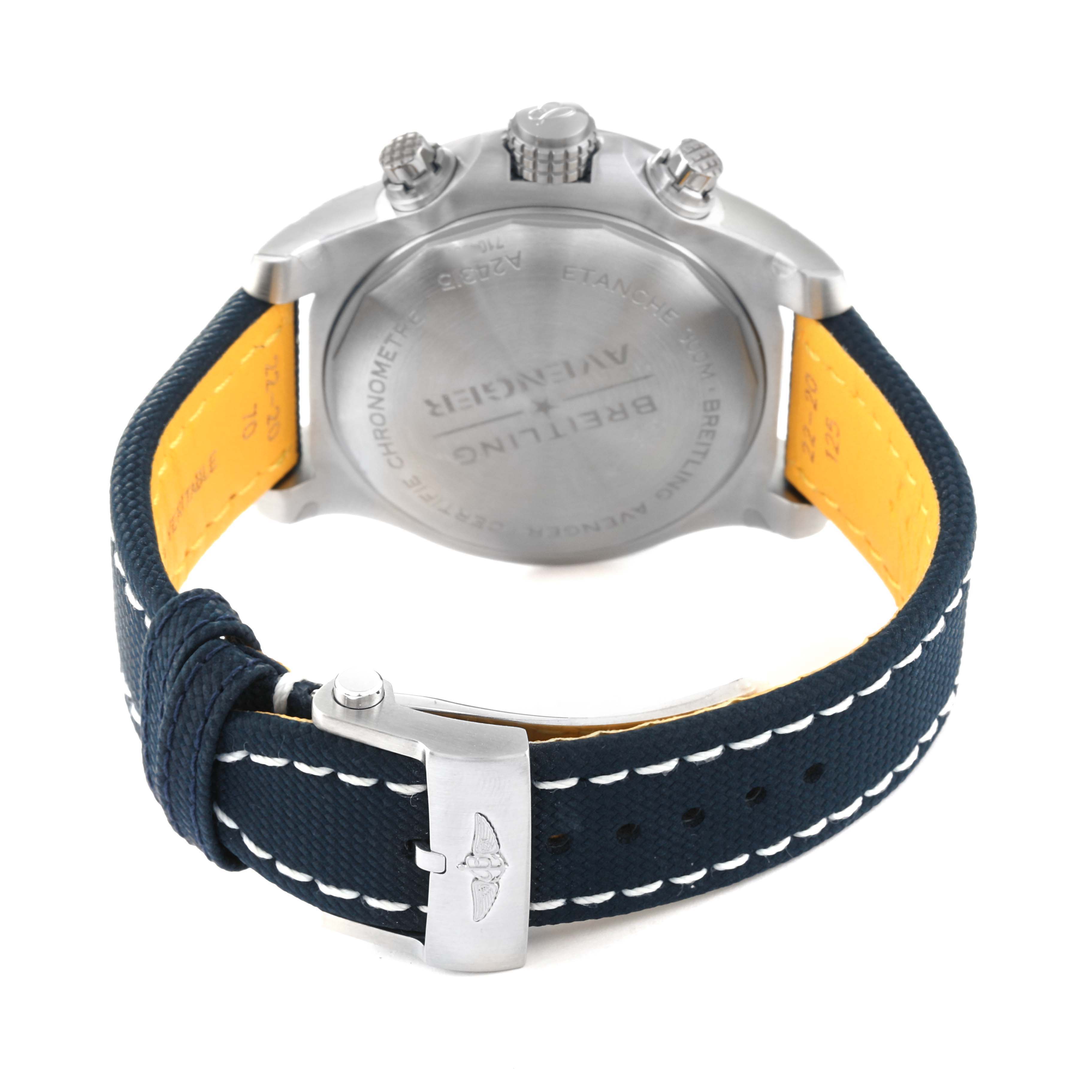 The image shows the back case and strap of a Breitling Avenger A24315101C1X2 Men's Stainless Steel Blue Dial A24315101C1X2 Men's Stainless Steel Blue Dial model watch from a rear angle.
