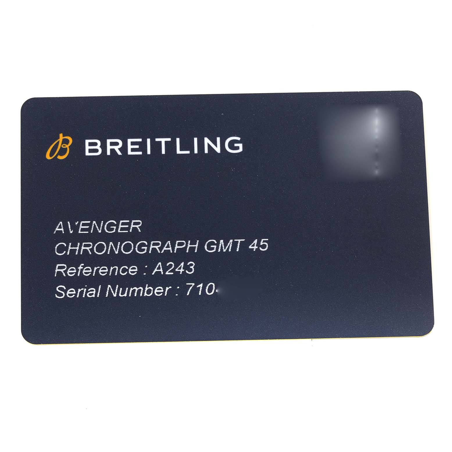 This image shows a warranty card for the Breitling Avenger A24315101C1X2 Men's Stainless Steel Blue Dial A24315101C1X2 Men's Stainless Steel Blue Dial Chronograph GMT 45, featuring the model and serial number.