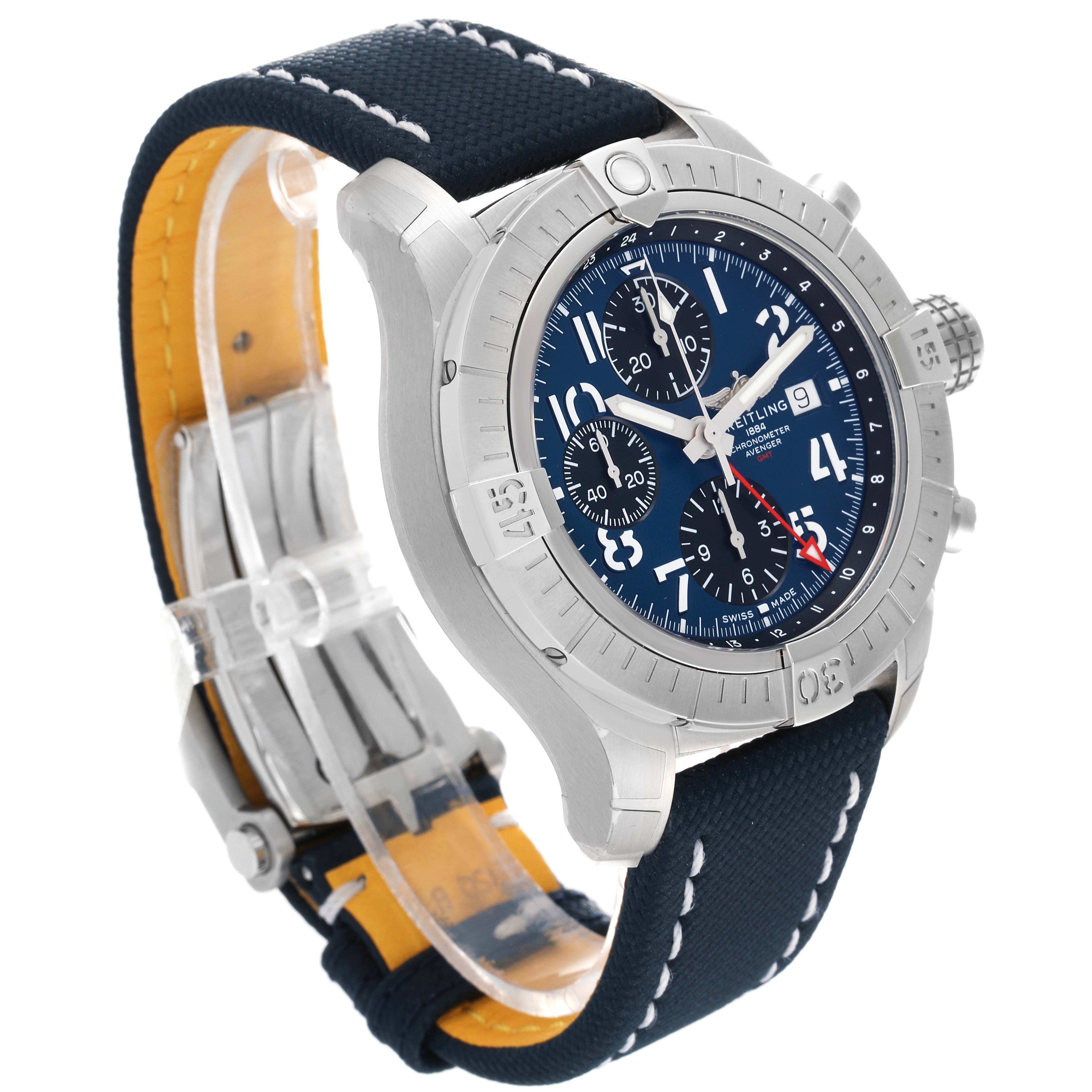 This image shows a Breitling Avenger A24315101C1X2 Men's Stainless Steel Blue Dial A24315101C1X2 Men's Stainless Steel Blue Dial watch from a three-quarter front angle, highlighting the face, bezel, and strap.