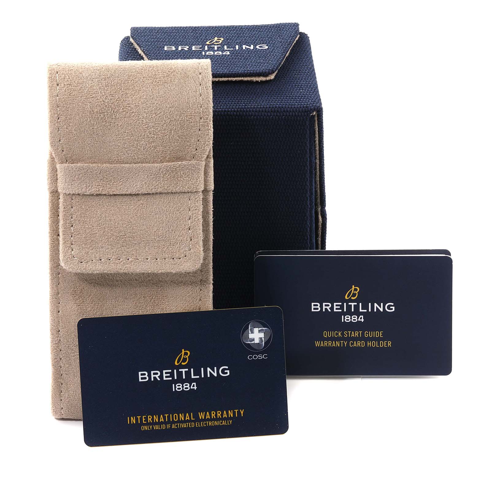 The image shows the Breitling Avenger V13317101L1X1 Men's Titanium Green Dial V13317101L1X1 Men's Titanium Green Dial watch accessories including a beige pouch, a blue box, and warranty cards.