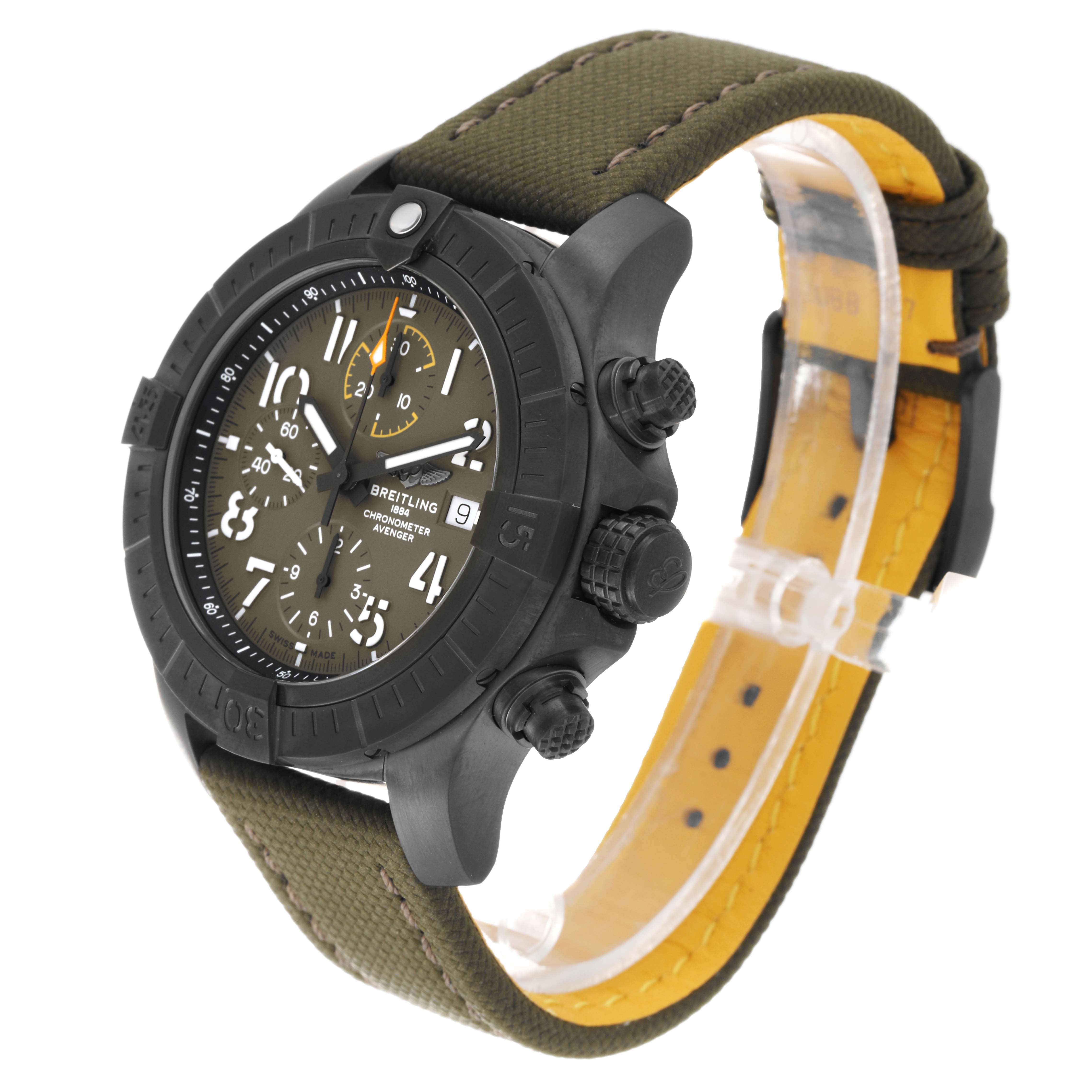 The image shows a side angle of a Breitling Avenger V13317101L1X1 Men's Titanium Green Dial V13317101L1X1 Men's Titanium Green Dial watch, highlighting its dial, bezel, and fabric strap.