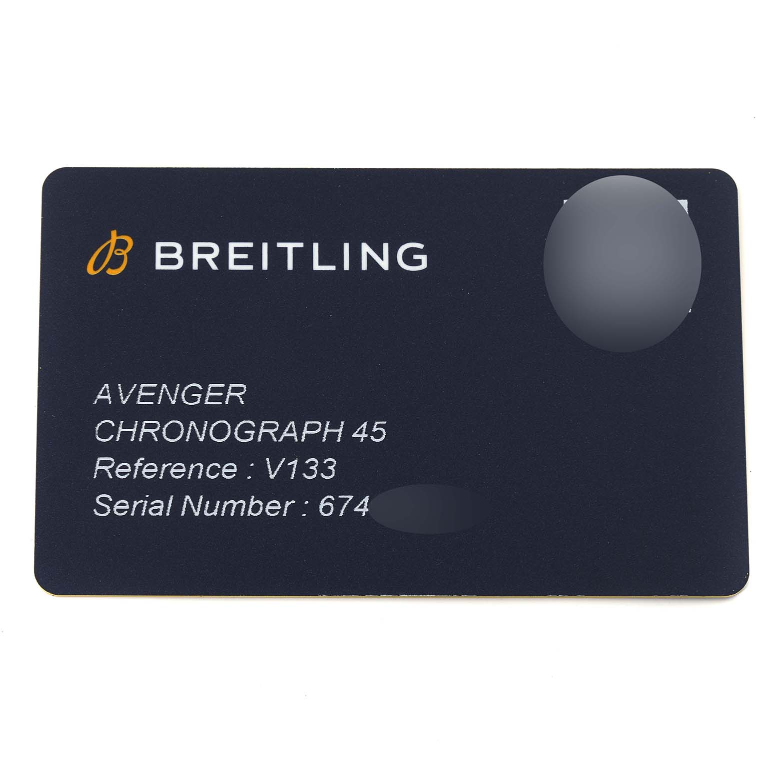 The image shows the identification card for a Breitling Avenger V13317101L1X1 Men's Titanium Green Dial V13317101L1X1 Men's Titanium Green Dial Chronograph 45 watch, displaying the model, reference, and serial number.