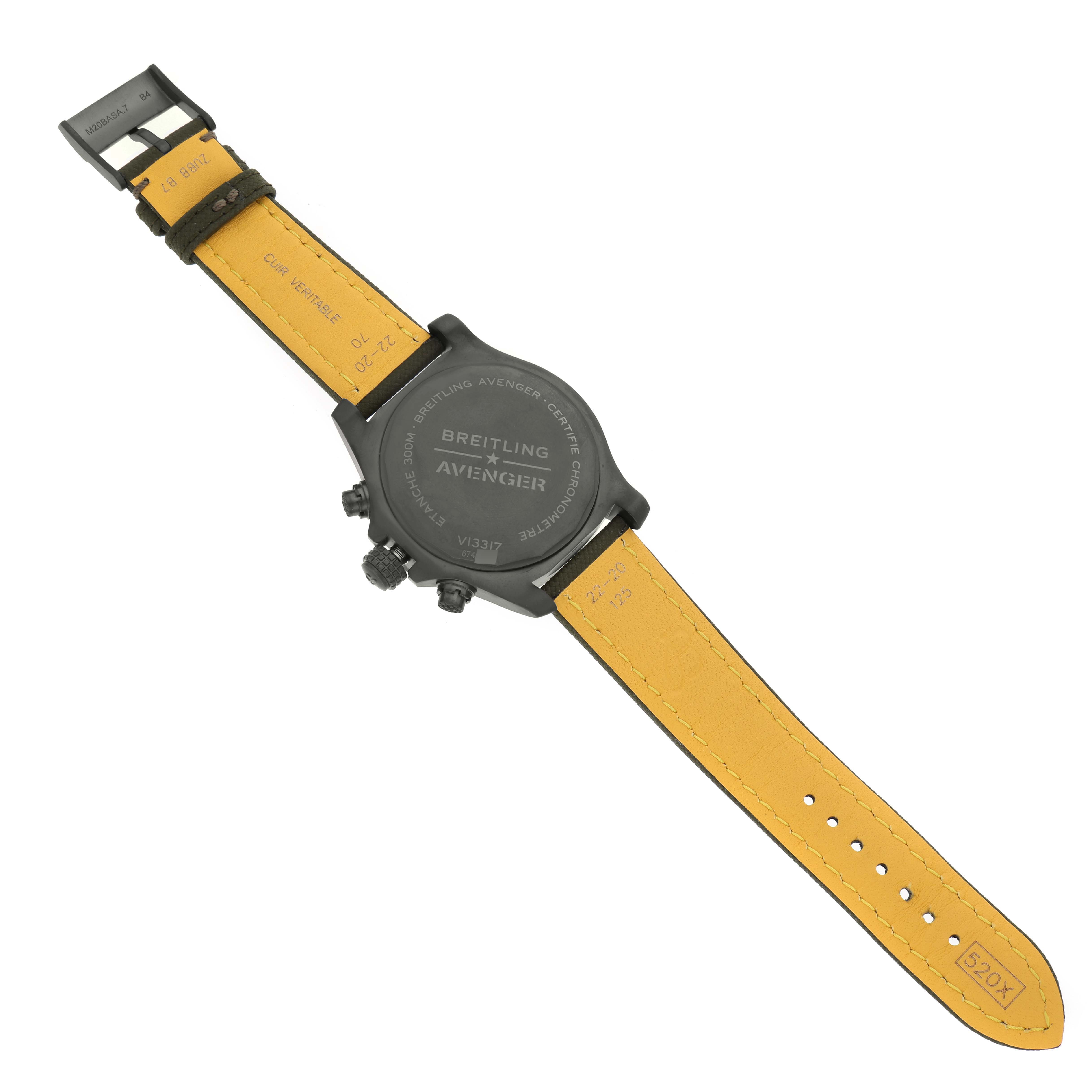 The image shows the backside and strap of the Breitling Avenger V13317101L1X1 Men's Titanium Green Dial V13317101L1X1 Men's Titanium Green Dial watch, highlighting the case back engravings and leather strap details.