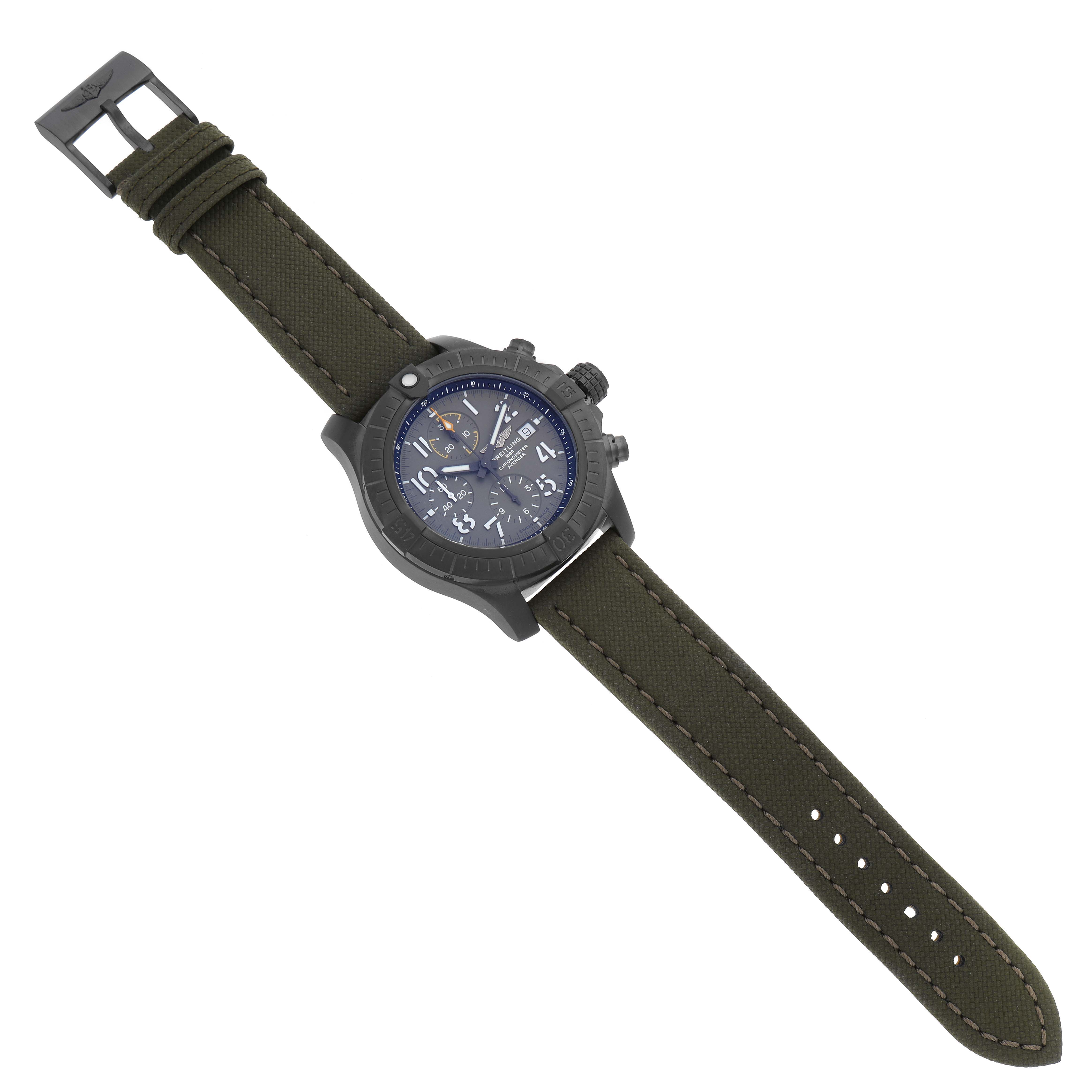 The image shows a top-down view of a Breitling Avenger V13317101L1X1 Men's Titanium Green Dial V13317101L1X1 Men's Titanium Green Dial watch, highlighting its face, bezel, buttons, and strap.