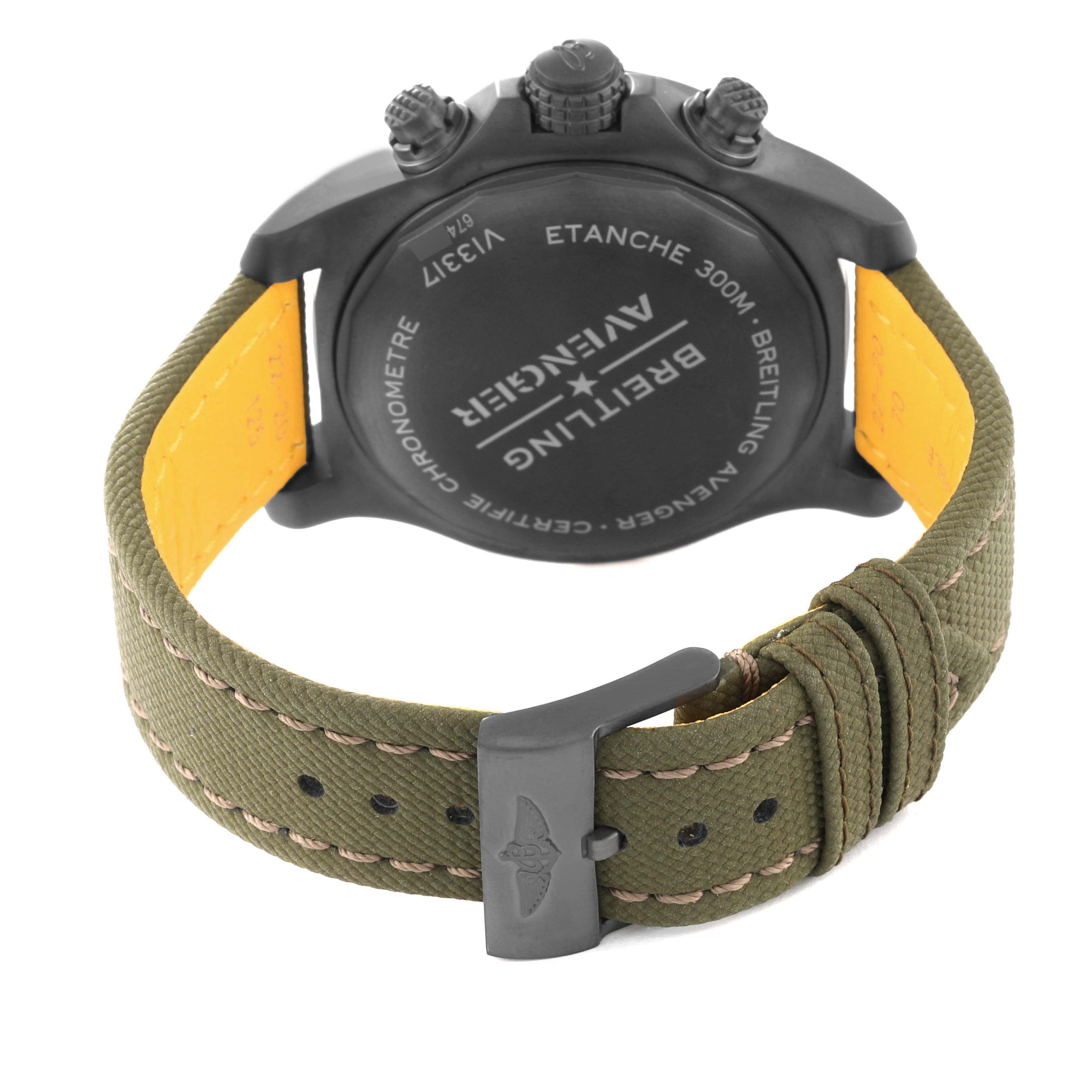 The image shows the back view of a Breitling Avenger V13317101L1X1 Men's Titanium Green Dial V13317101L1X1 Men's Titanium Green Dial watch, highlighting the case back, crown, and green strap.