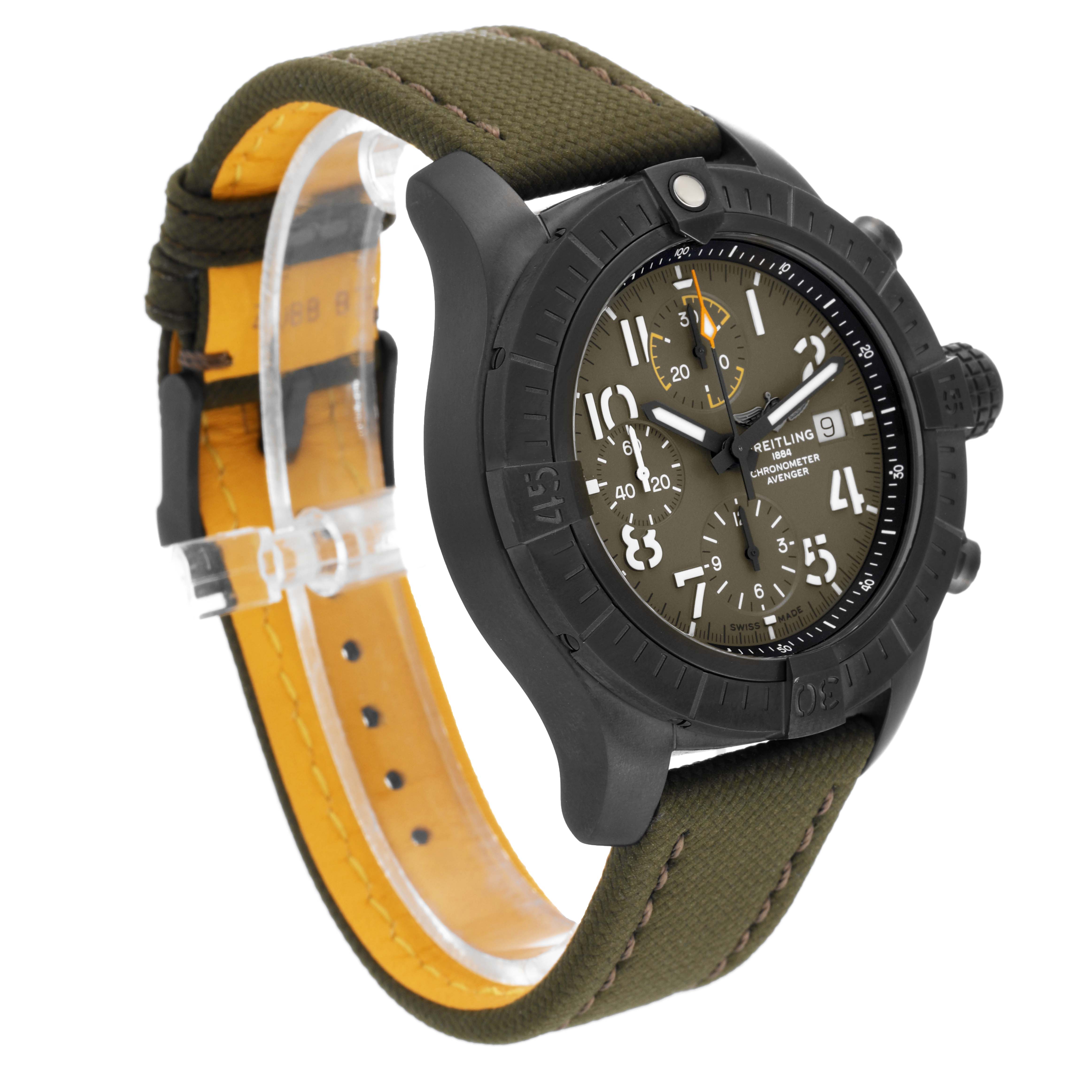 The Breitling Avenger V13317101L1X1 Men's Titanium Green Dial V13317101L1X1 Men's Titanium Green Dial watch is shown at a three-quarter angle, displaying the face, bezel, crown, and strap.