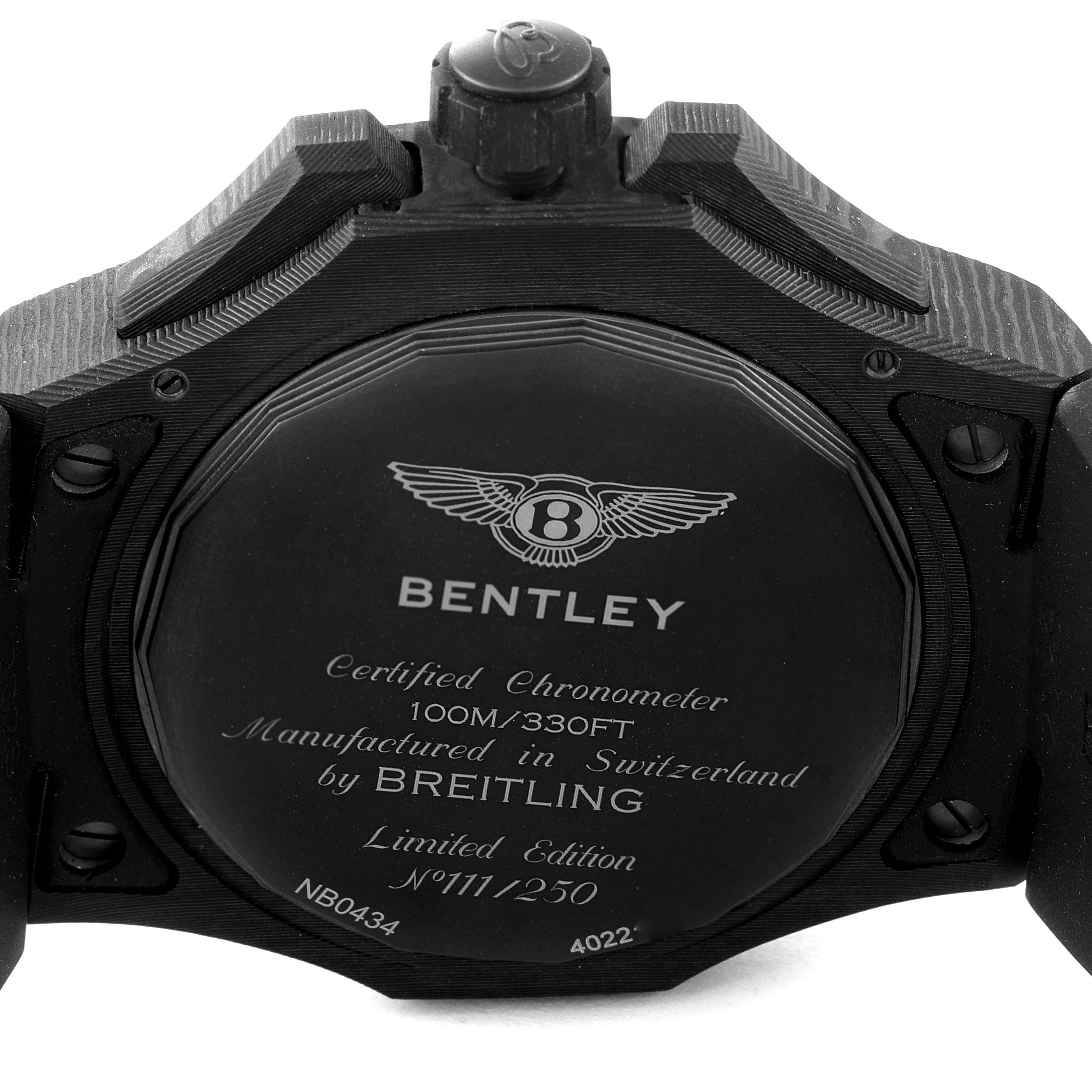 The image shows the back case of a Breitling Bentley NB0434E5/BE94 Men's Ceramic Black Dial NB0434E5/BE94 Men's Ceramic Black Dial model watch, detailing its limited edition number and specifications.