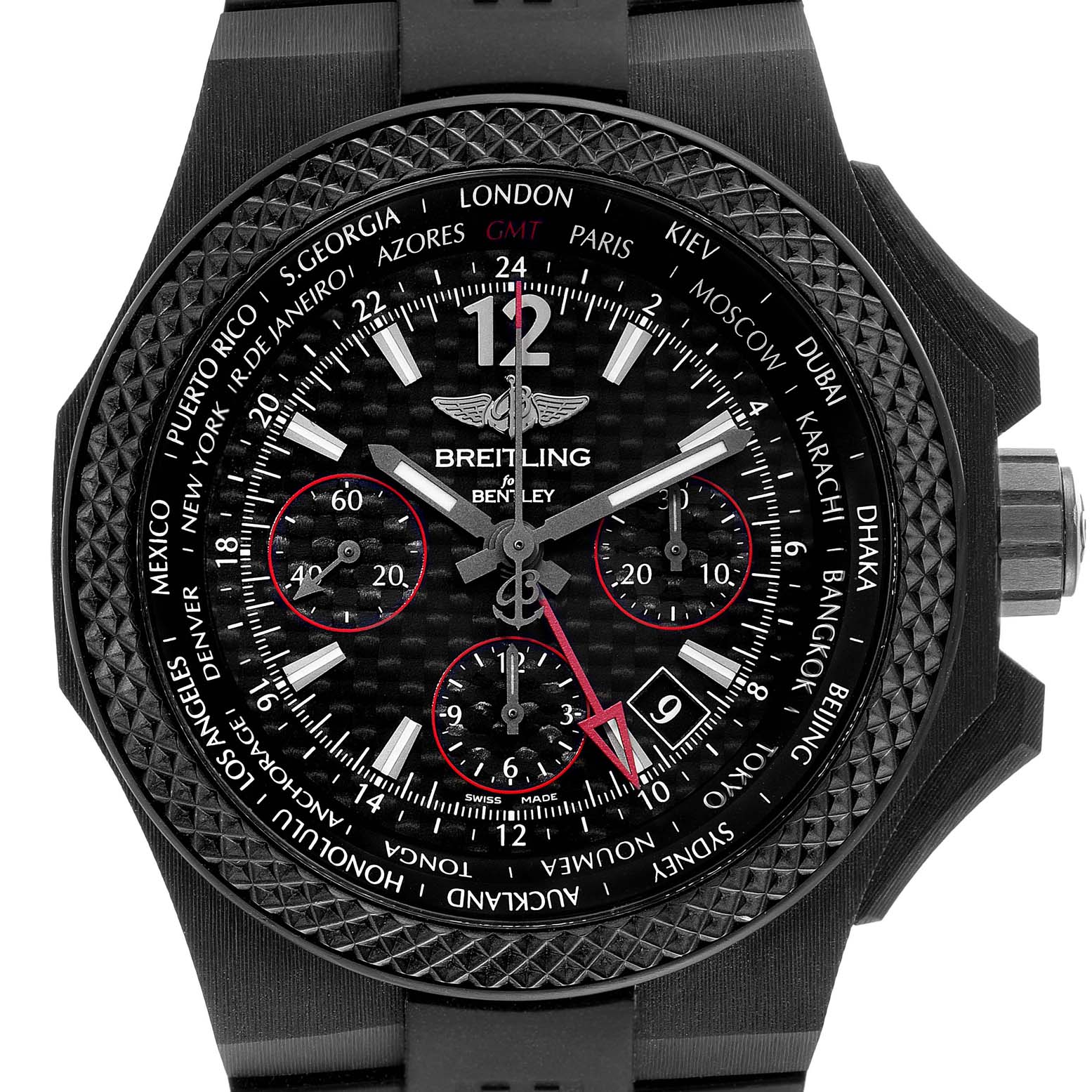 This Breitling Bentley NB0434E5/BE94 Men's Ceramic Black Dial NB0434E5/BE94 Men's Ceramic Black Dial watch is shown from a top-down angle, displaying the dial, bezel, and crown.