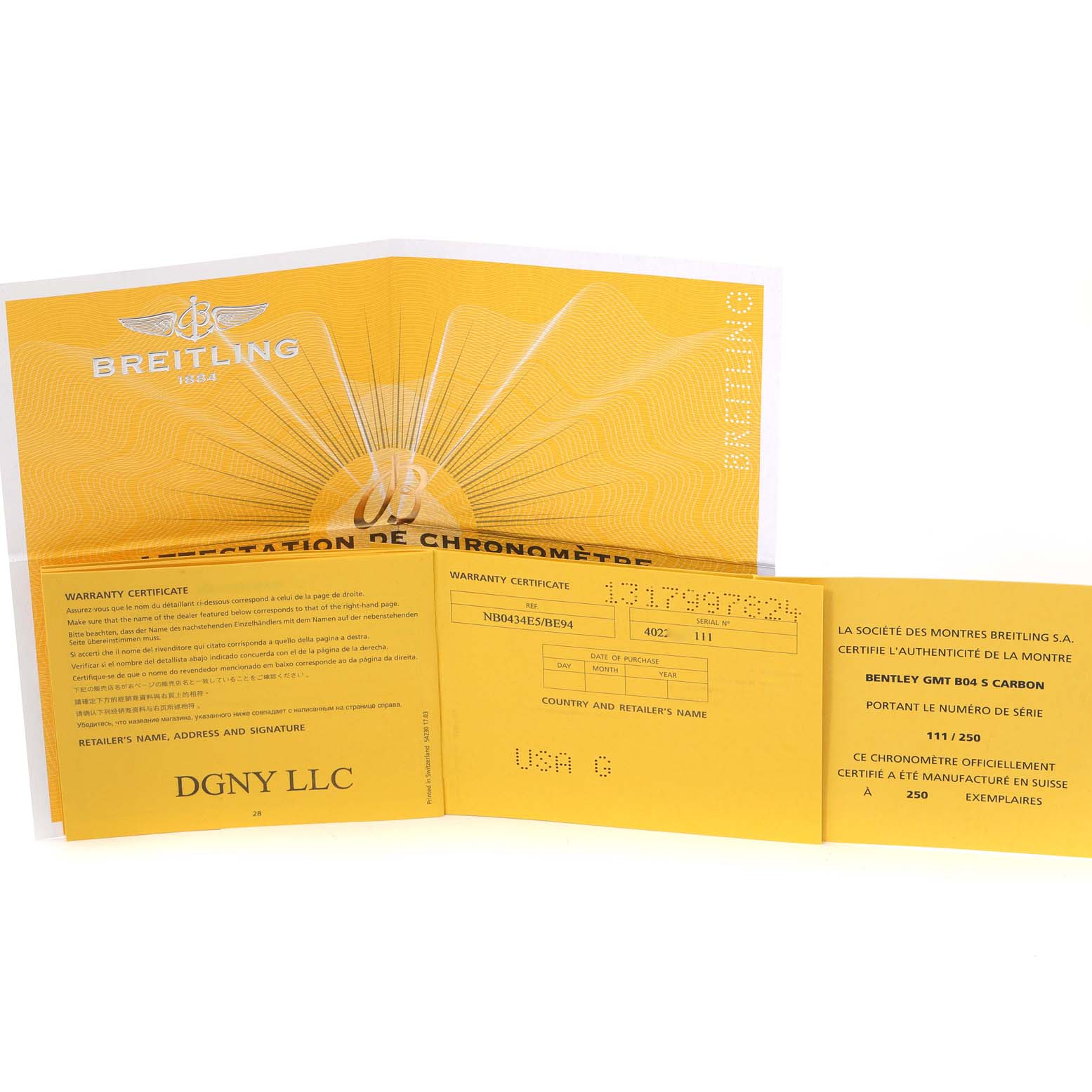 The image shows the warranty certificate for the Breitling Bentley NB0434E5/BE94 Men's Ceramic Black Dial NB0434E5/BE94 Men's Ceramic Black Dial model watch, viewed from an overhead angle.