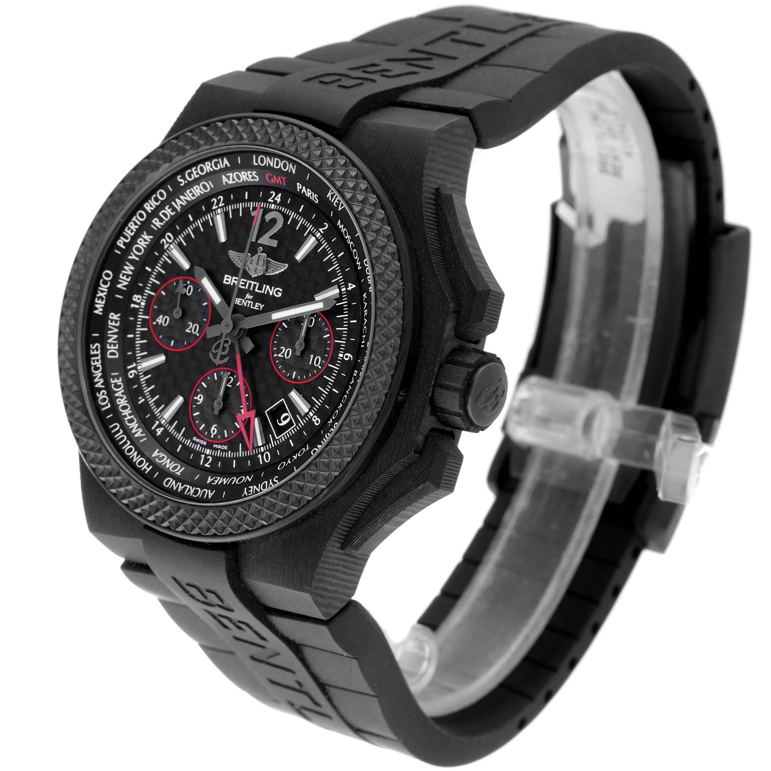 The Breitling Bentley NB0434E5/BE94 Men's Ceramic Black Dial NB0434E5/BE94 Men's Ceramic Black Dial watch is shown from an angled side view, revealing the face, bezel, crown, and rubber strap.