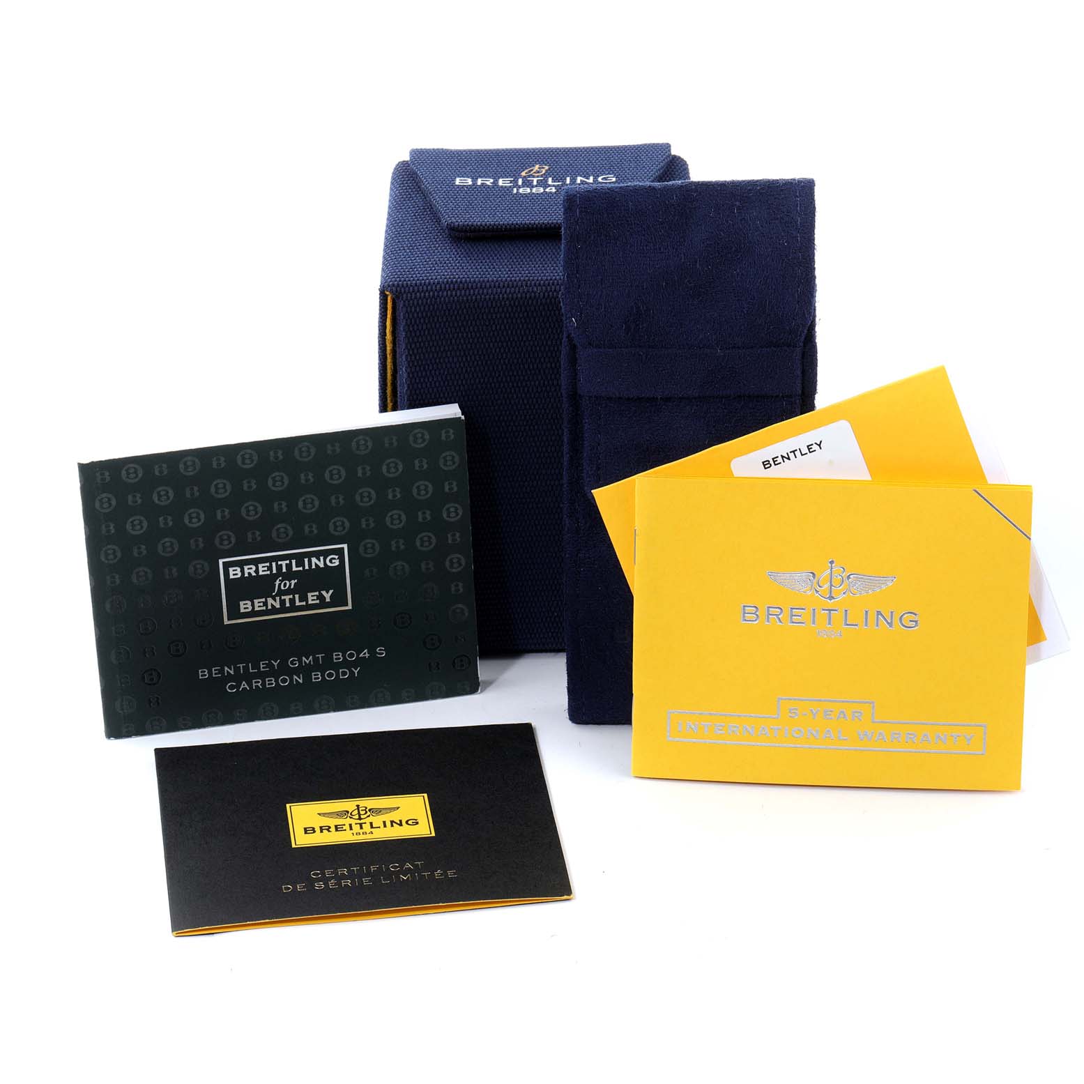 This image shows the Breitling Bentley NB0434E5/BE94 Men's Ceramic Black Dial NB0434E5/BE94 Men's Ceramic Black Dial model watch packaging, including booklets, warranty card, and watch box.