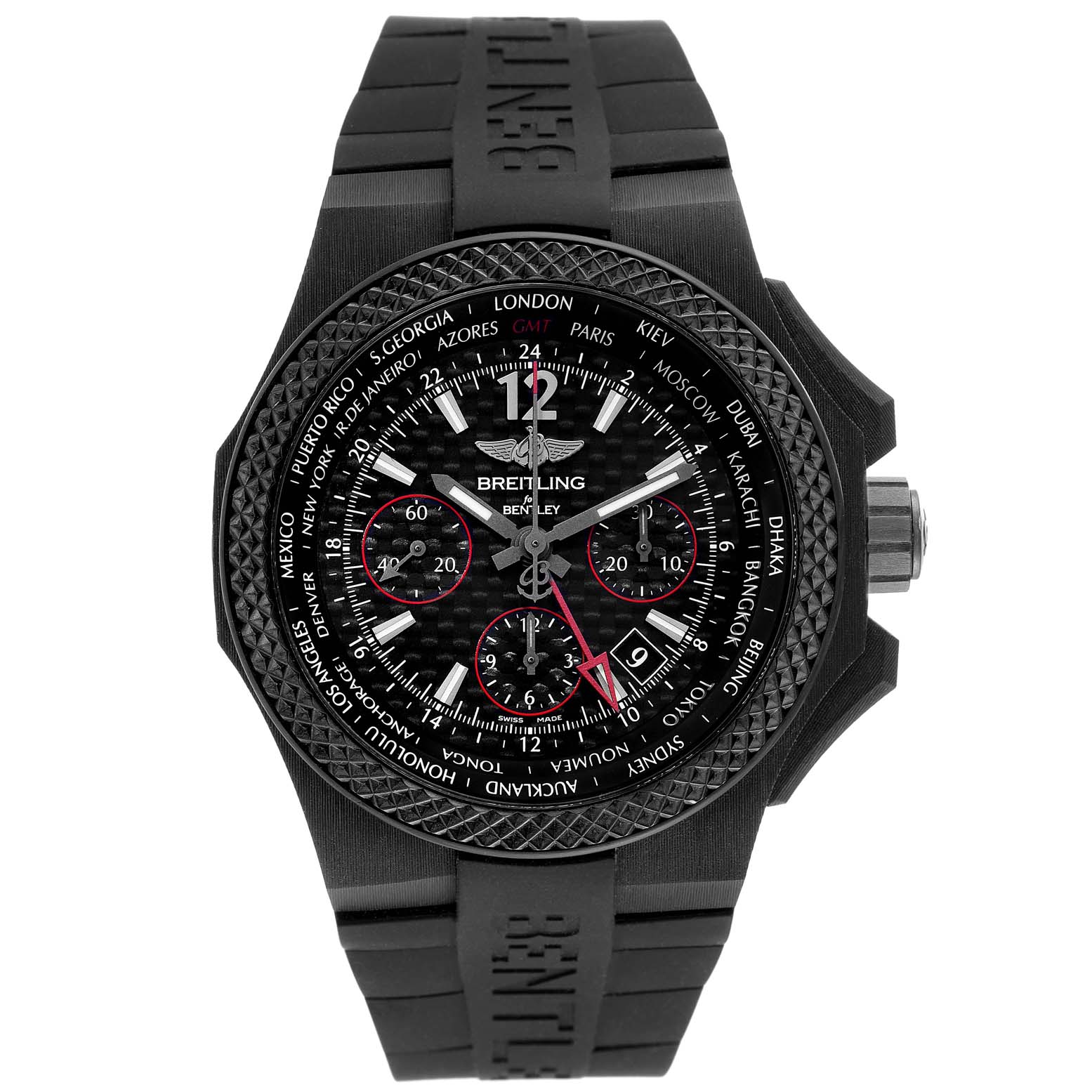 The Bentley model by Breitling is shown from the front, highlighting its dial, bezel, and strap.