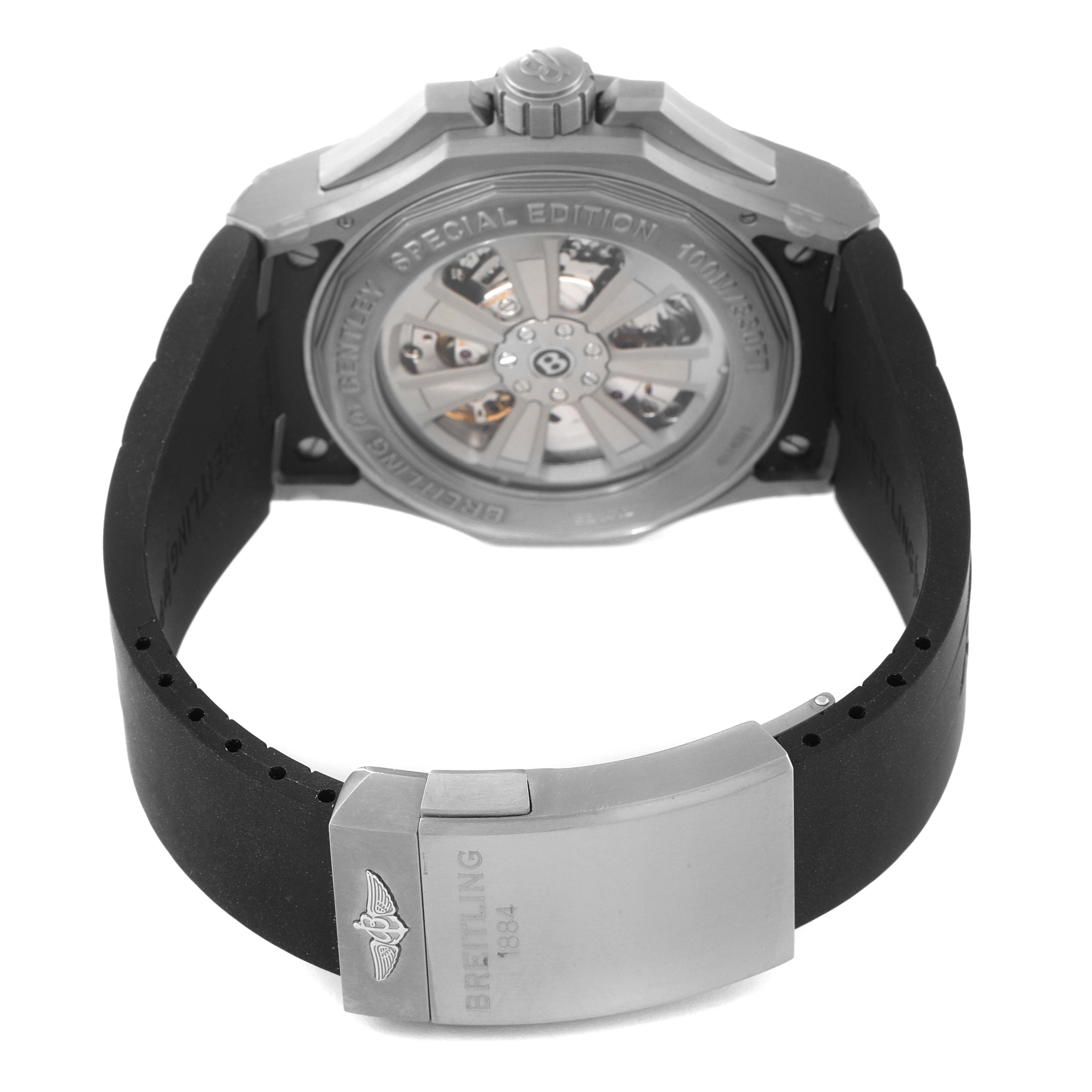 The image shows the back view of the Breitling Bentley EB0432 Men's Titanium Transparent Dial EB0432 Men's Titanium Transparent Dial watch, featuring the case back, rotor, and deployment clasp on the strap.