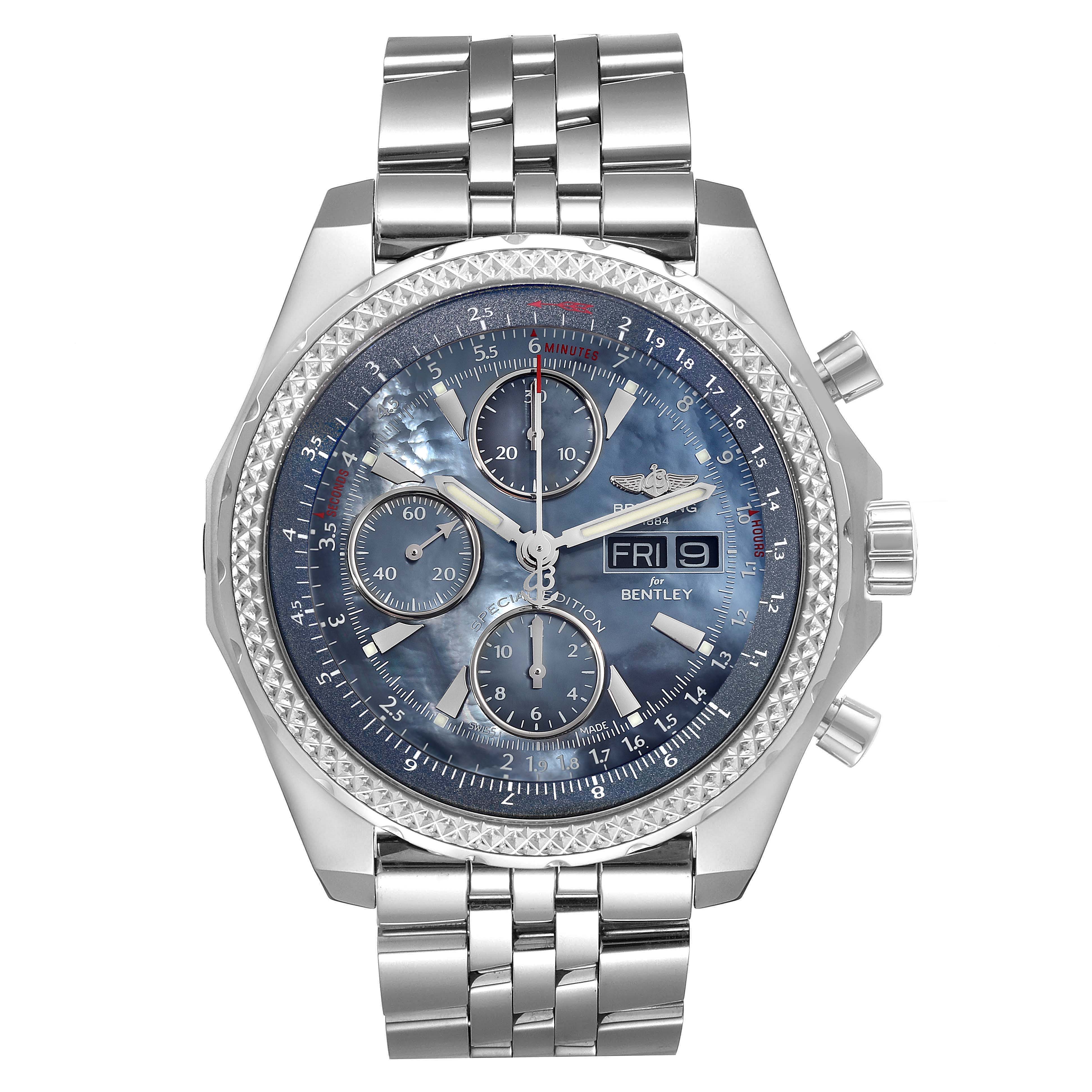 The image shows a front view of the Breitling Bentley A13362 Men's Stainless Steel Mother of Pearl Dial A13362 Men's Stainless Steel Mother of Pearl Dial watch, displaying its dial, subdials, day-date window, and stainless steel bracelet.