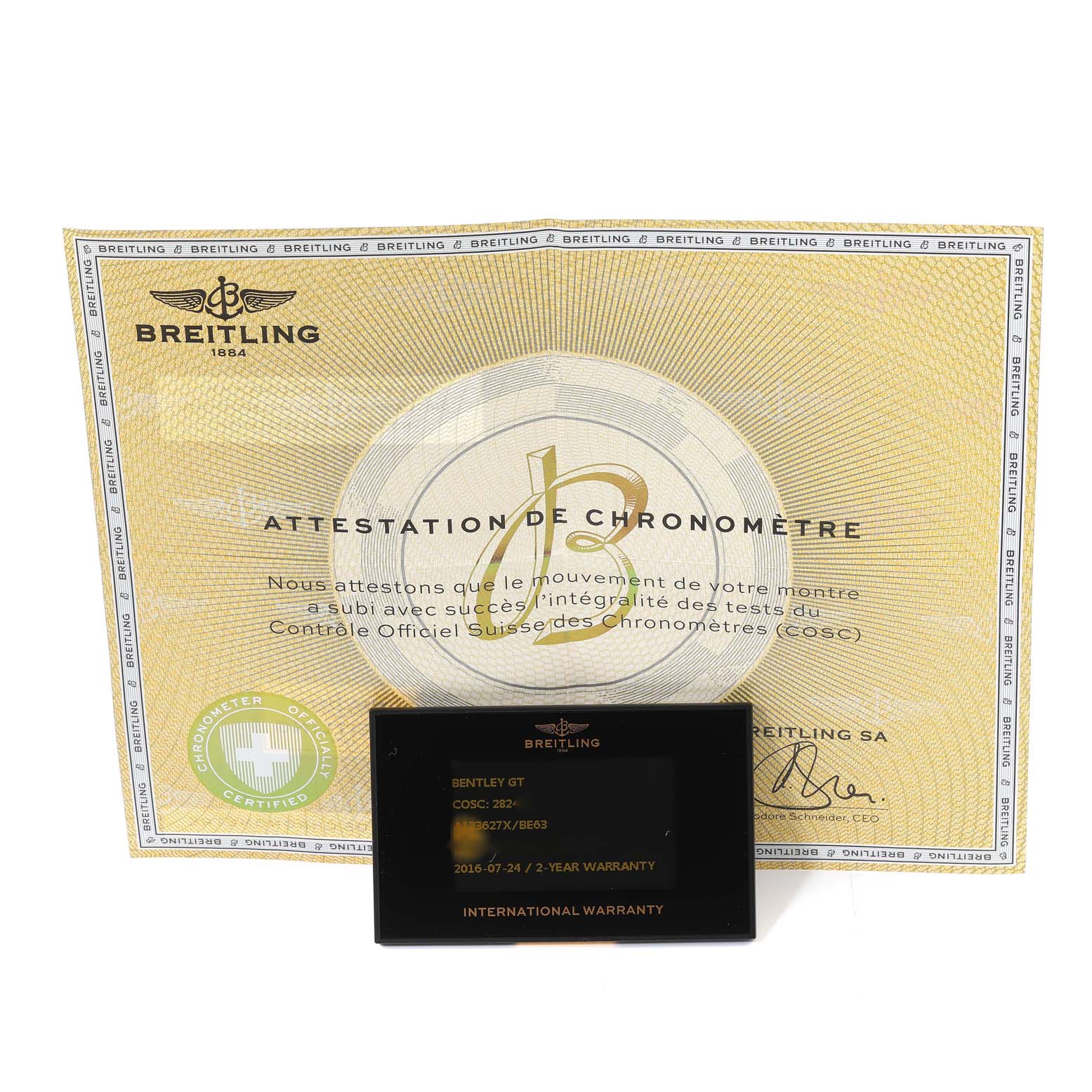 The image shows the certification and warranty card for a Breitling Bentley A13362 Men's Stainless Steel Mother of Pearl Dial A13362 Men's Stainless Steel Mother of Pearl Dial watch model.