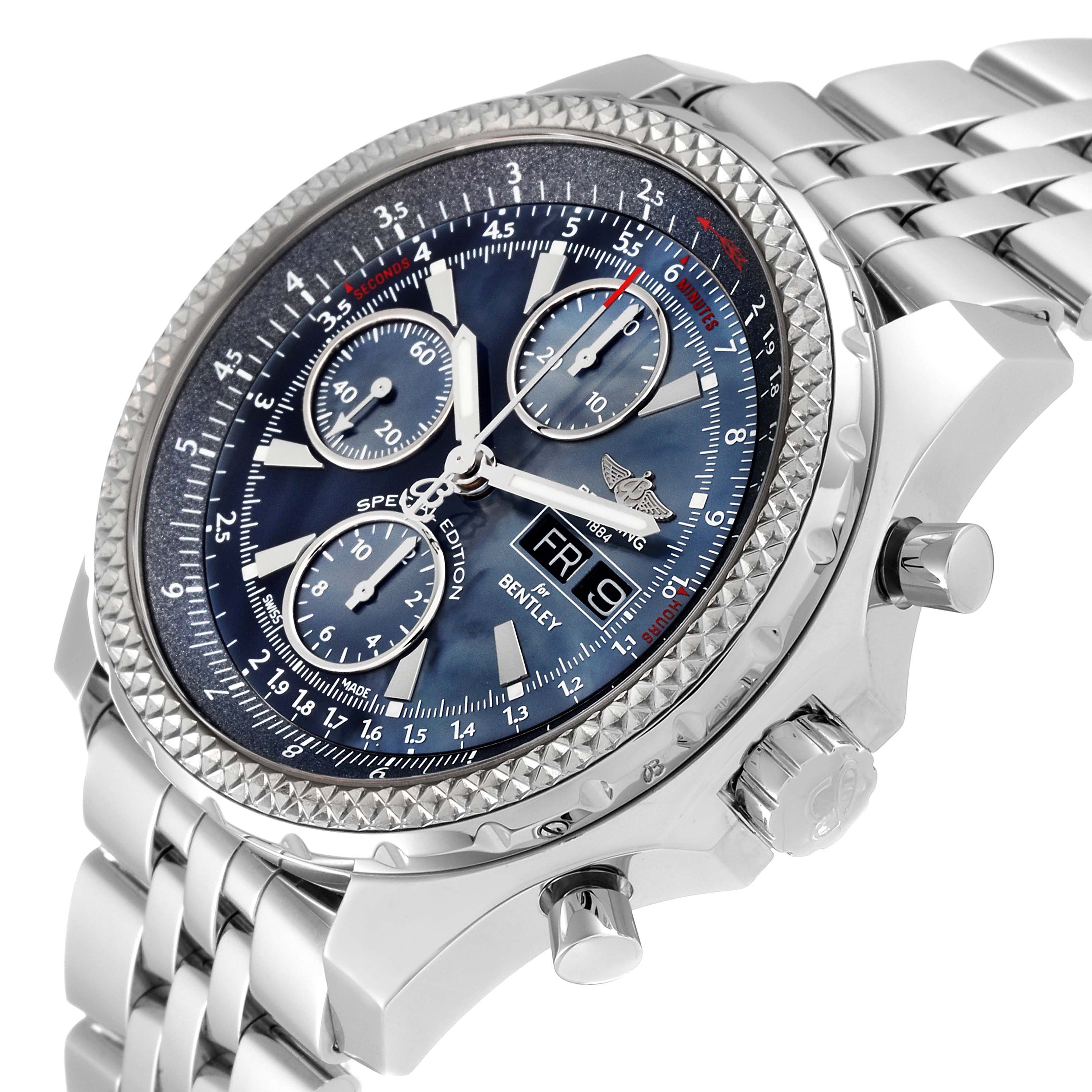 The image shows a Bentley model by Breitling at a three-quarter angle, highlighting the dial, bezel, chronograph subdials, and bracelet.