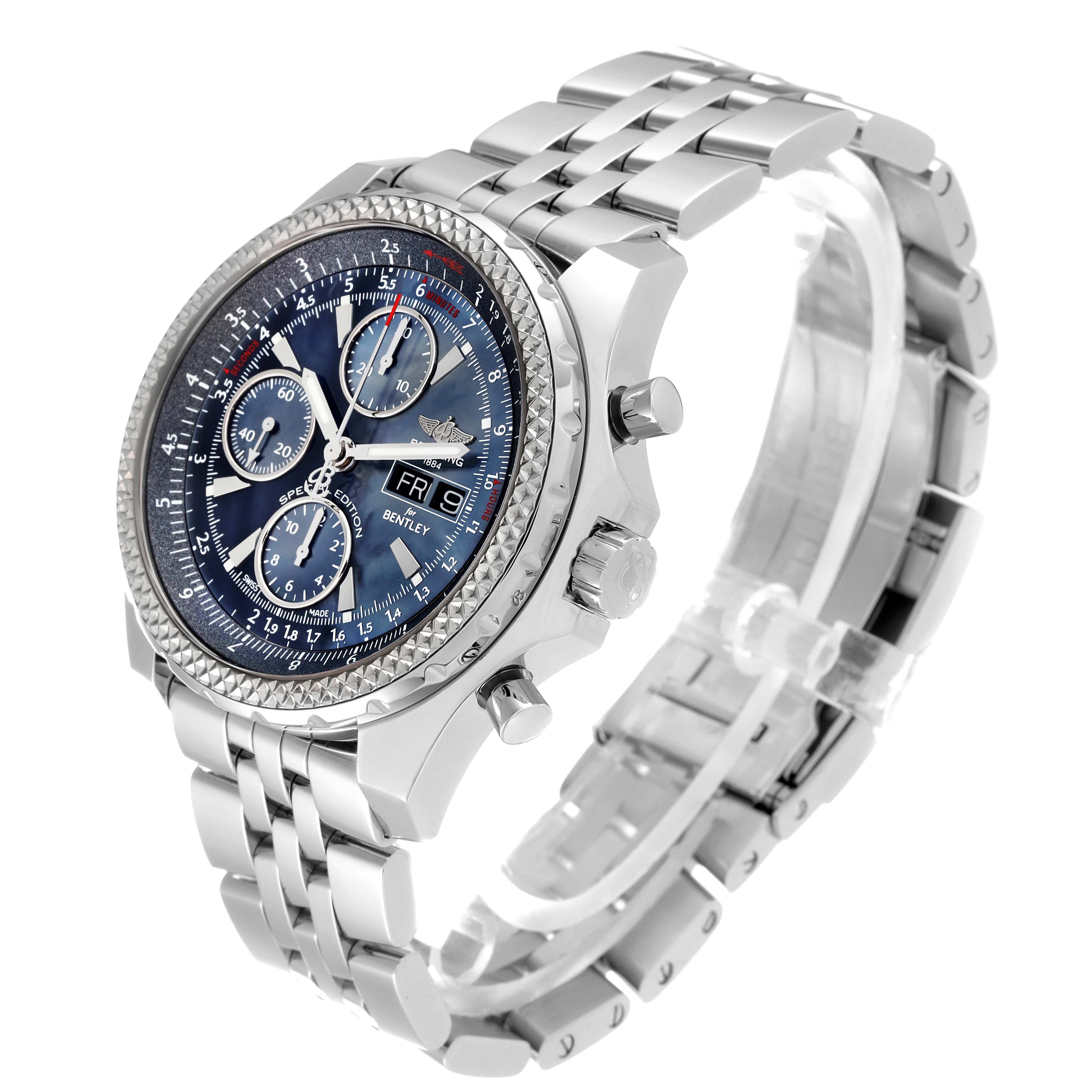 The image shows a Breitling Bentley A13362 Men's Stainless Steel Mother of Pearl Dial A13362 Men's Stainless Steel Mother of Pearl Dial watch at an oblique angle, highlighting the dial, bezel, and bracelet.