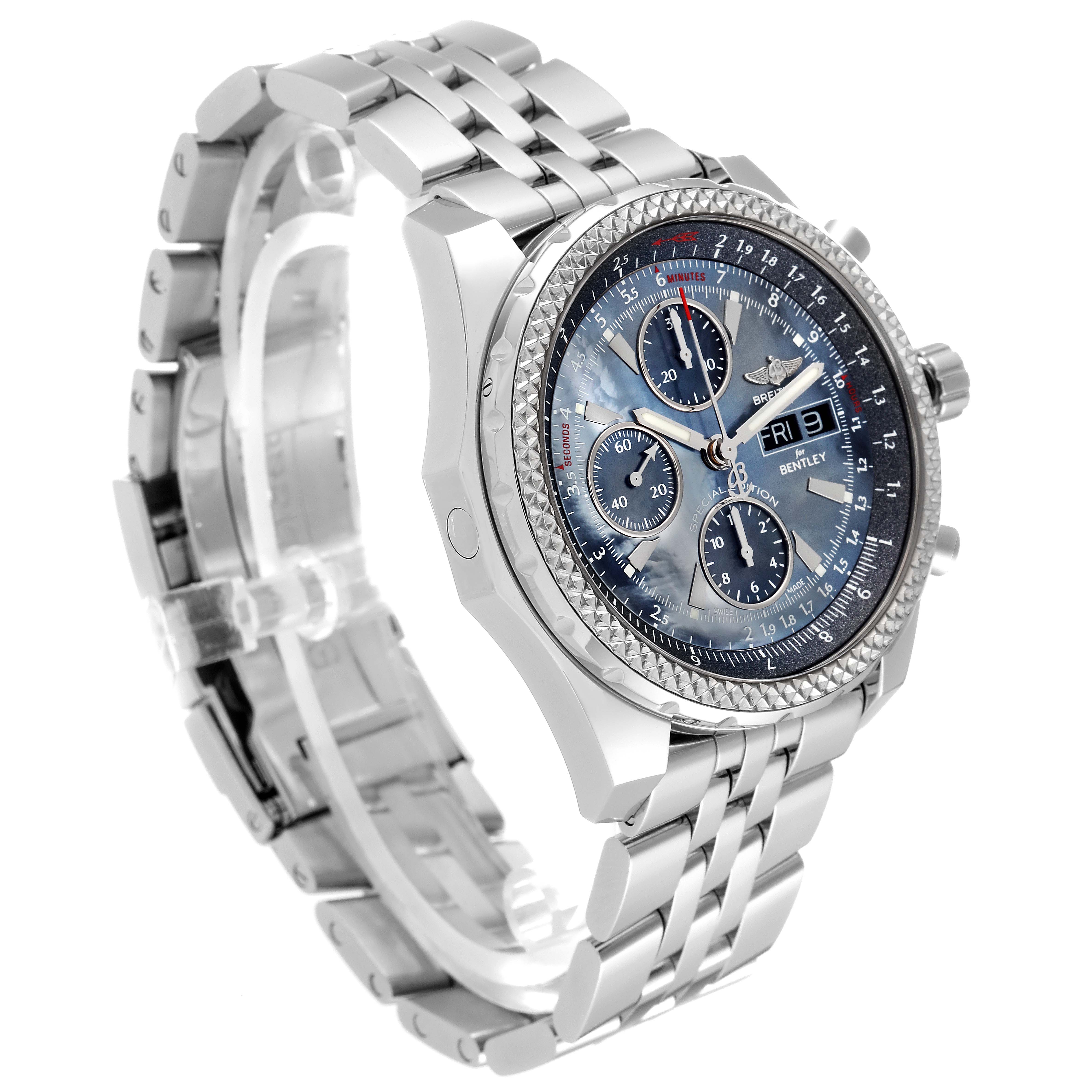 The image shows a Breitling Bentley A13362 Men's Stainless Steel Mother of Pearl Dial A13362 Men's Stainless Steel Mother of Pearl Dial watch at an oblique angle, highlighting its face, bezel, and metal bracelet.