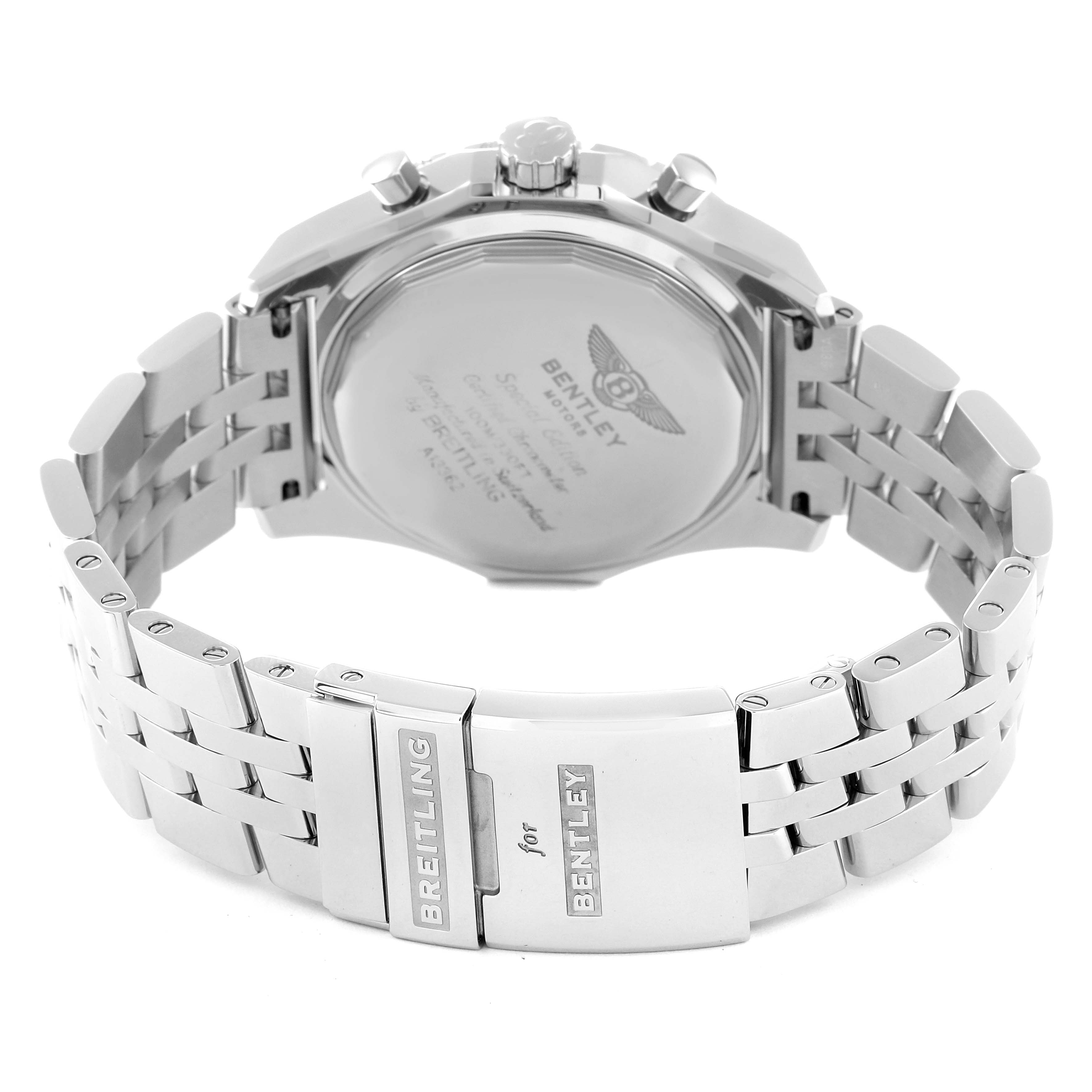 This image shows the back and clasp of a Breitling Bentley A13362 Men's Stainless Steel Mother of Pearl Dial A13362 Men's Stainless Steel Mother of Pearl Dial model watch, zoomed in on the stainless steel bracelet and case back.