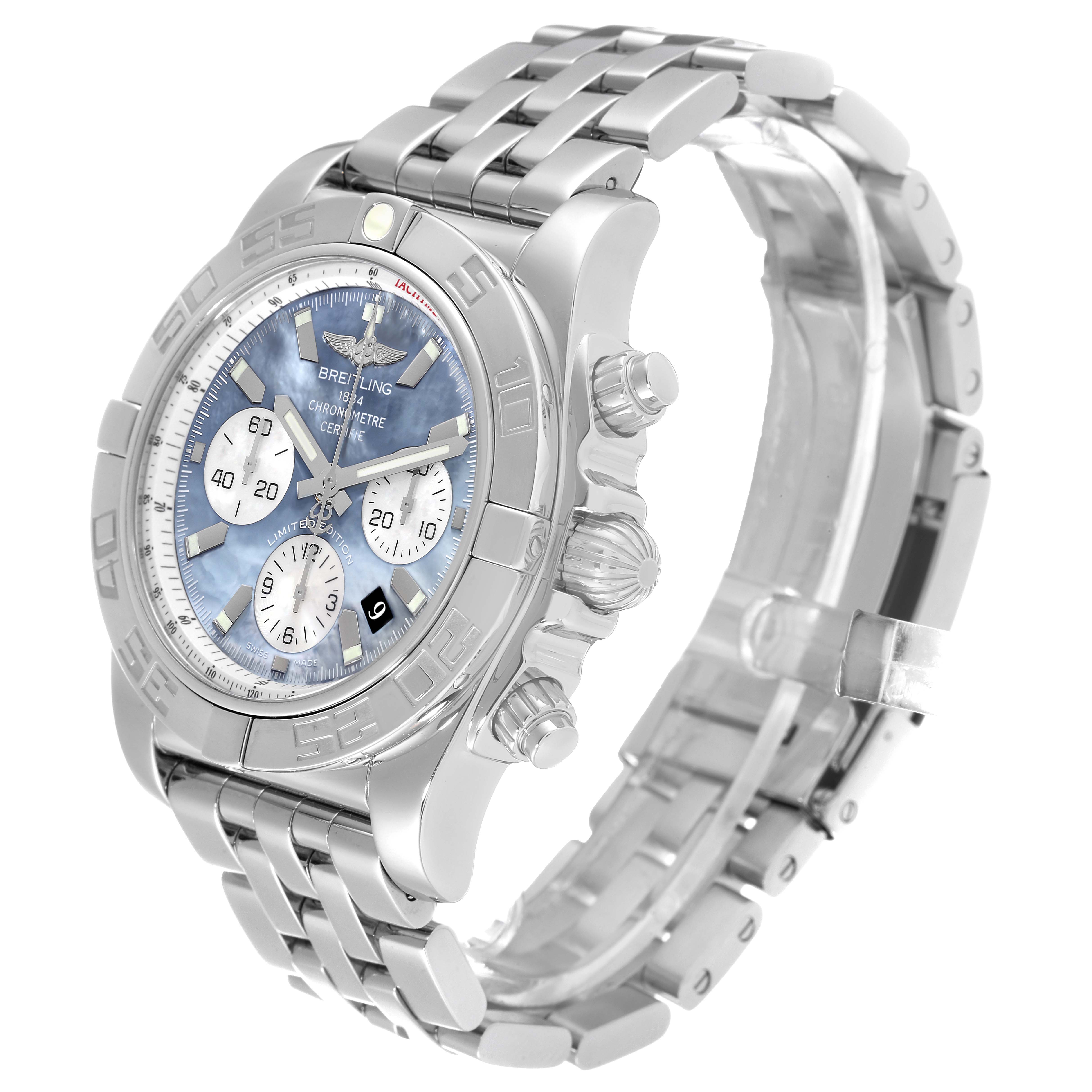 The Breitling Chronomat AB01103C/BC48 Men
s Stainless Steel Mother of Pearl Dial AB01103C/BC48 Men
s Stainless Steel Mother of Pearl Dial watch is shown at an angle highlighting its face, crown, pushers, and the metal bracelet.