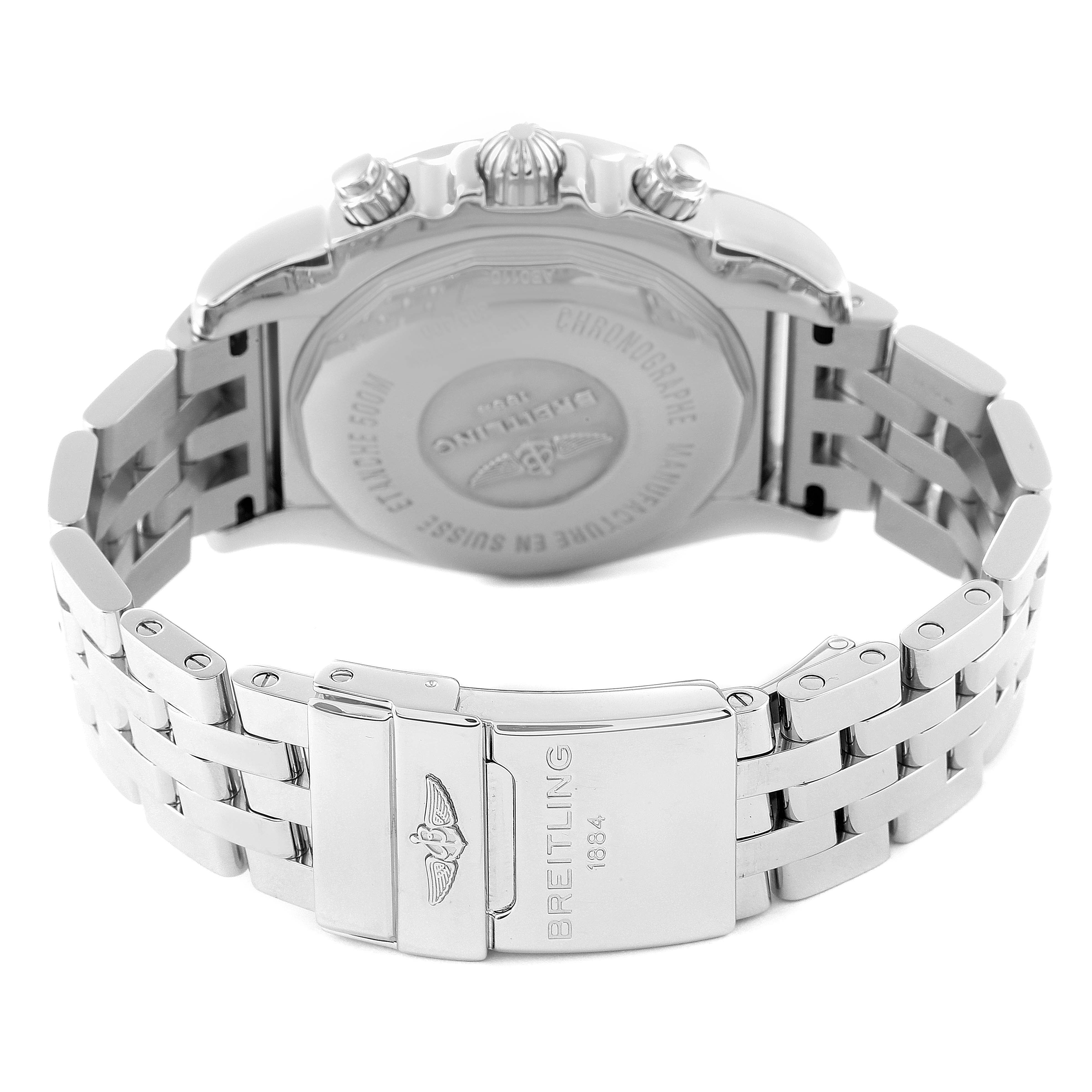 The image shows the back and clasp of a Breitling Chronomat AB01103C/BC48 Men
s Stainless Steel Mother of Pearl Dial AB01103C/BC48 Men
s Stainless Steel Mother of Pearl Dial watch, highlighting its stainless steel bracelet and case back.