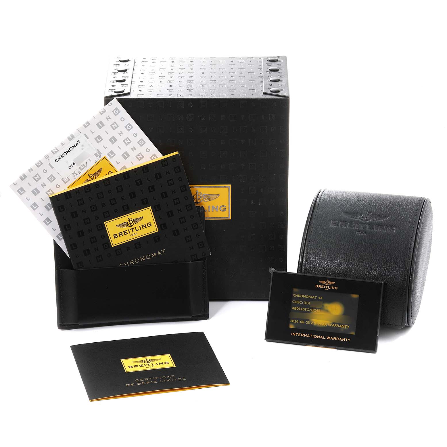 The image shows packaging and accessories for a Breitling Chronomat AB01103C/BC48 Men
s Stainless Steel Mother of Pearl Dial AB01103C/BC48 Men
s Stainless Steel Mother of Pearl Dial watch, including boxes, manuals, and a warranty card.